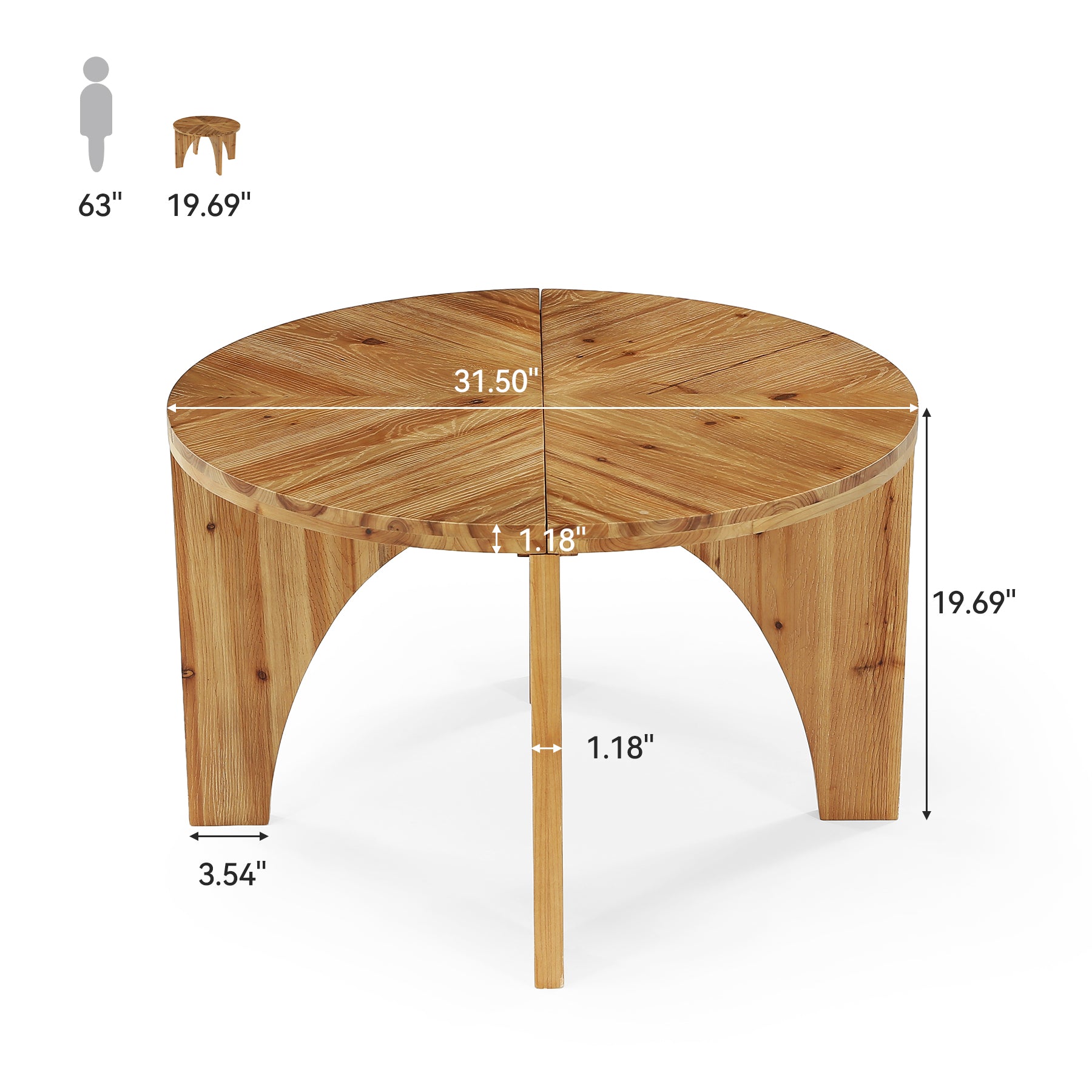 31.5" Round Coffee Table, Farmhouse Solid Wood Center Table with Curved Legs