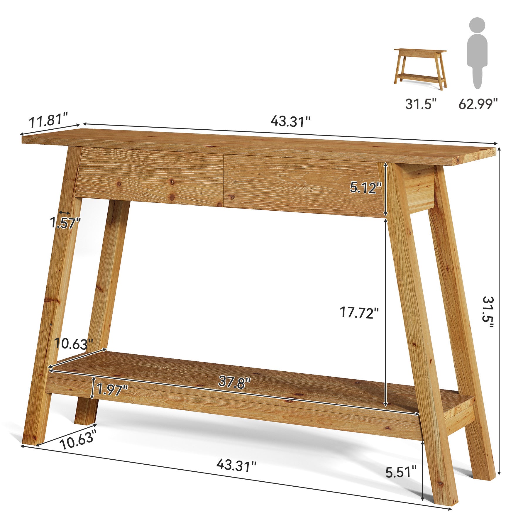 43.3" Solid Wood Console Table with 2 Drawers, Narrow Entryway Sofa Table with Shelf Storage
