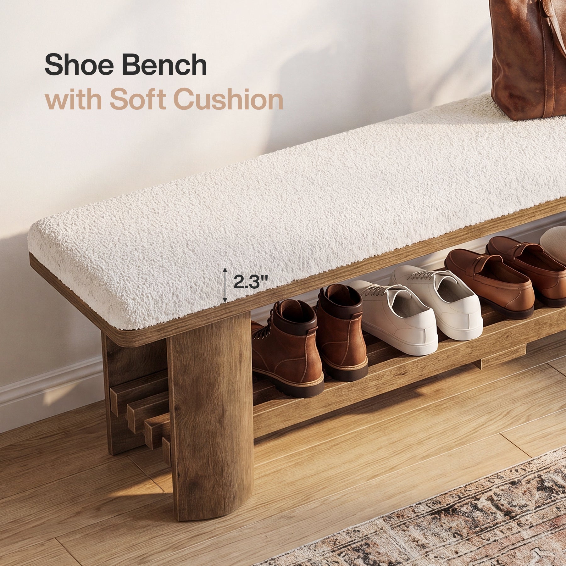62.9" Entryway Bench with Storage, Upholstered Shoe Bench with Faux Lamb Wool Cushion