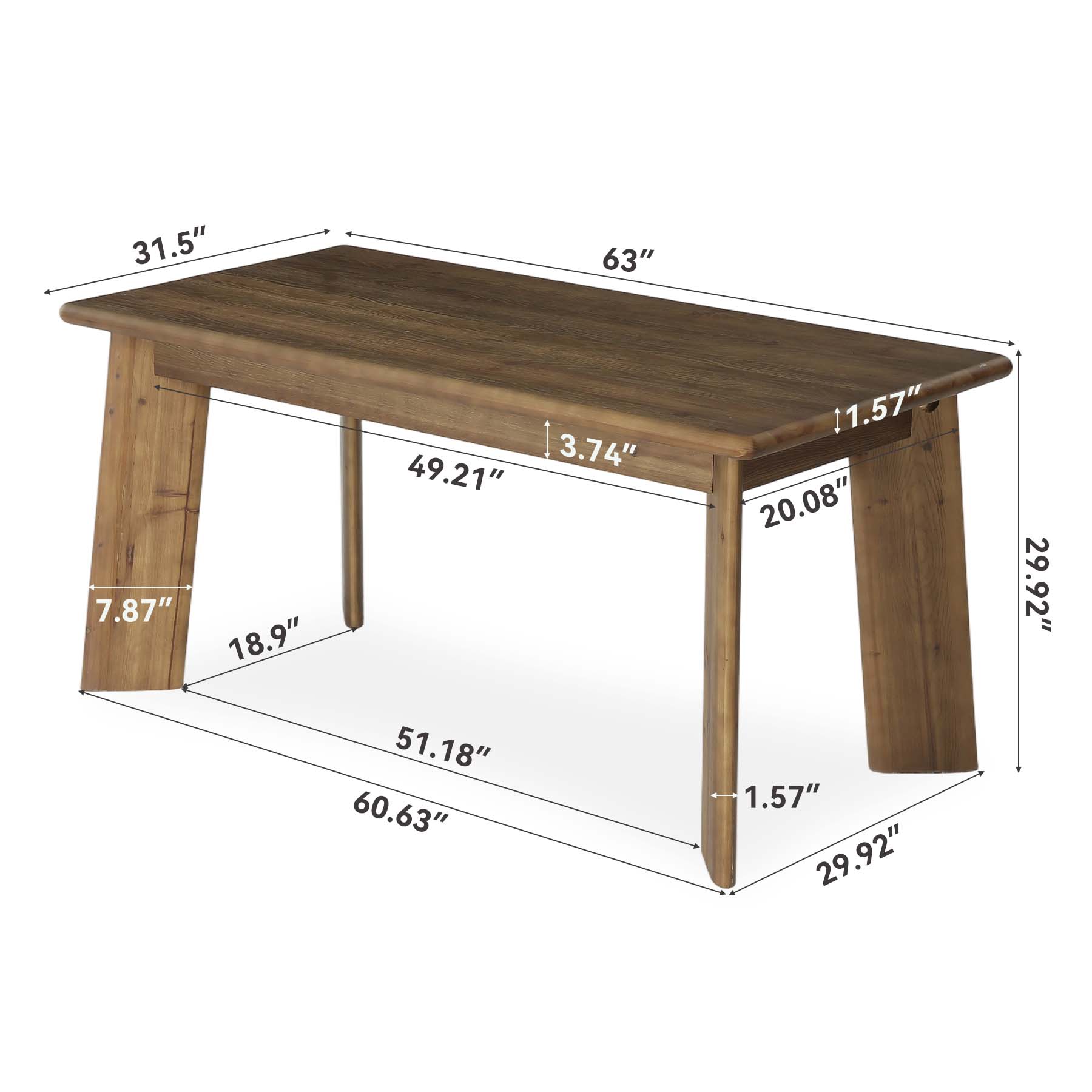 63" Solid Wood Dining Table for 4-6, Rectangular Farmhouse Kitchen & Dining Room Table with Angled Legs, Vintage Style