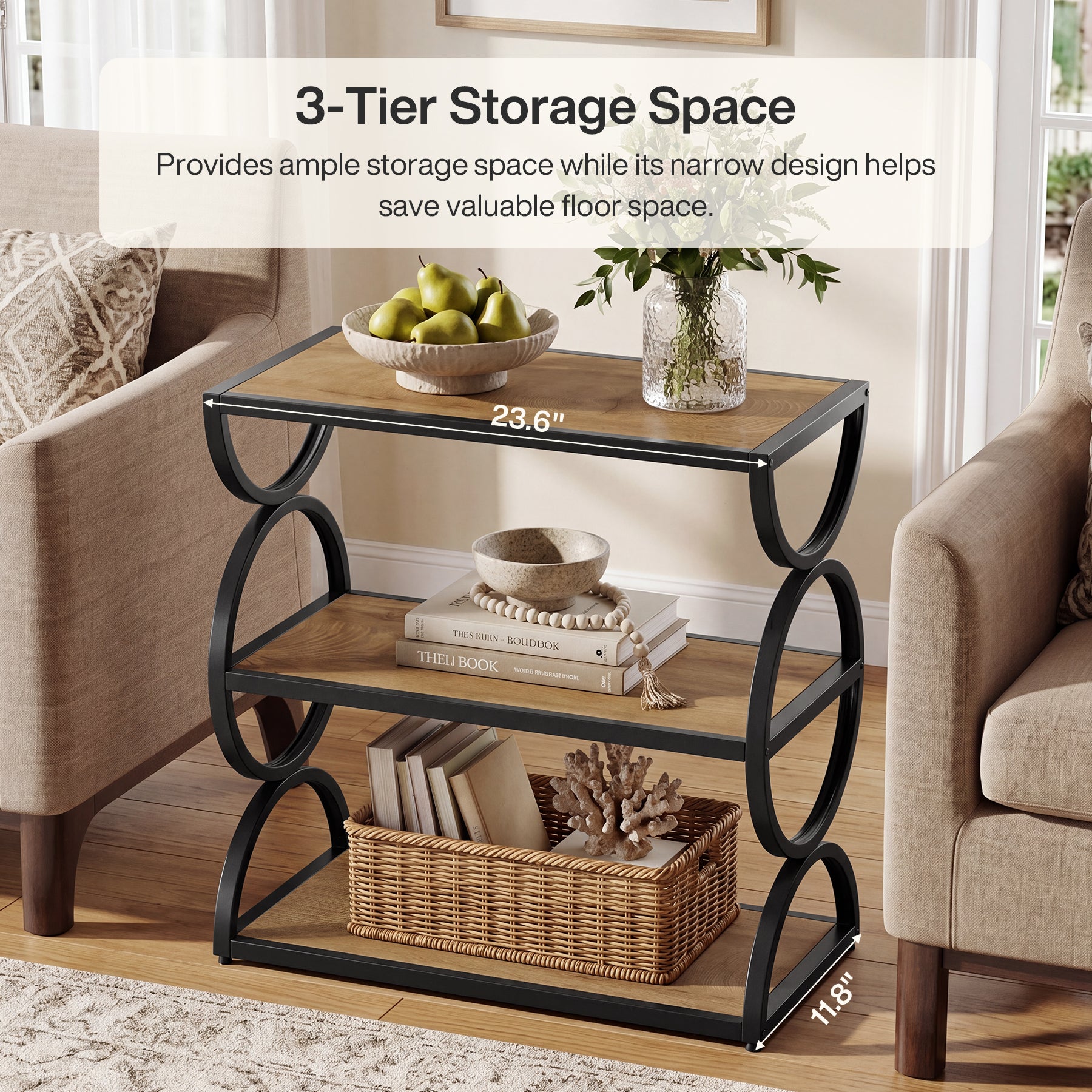 23.6” Industrial Nightstand, Bedside Table  With 3-Tier Open Shelves For Small Bedrooms
