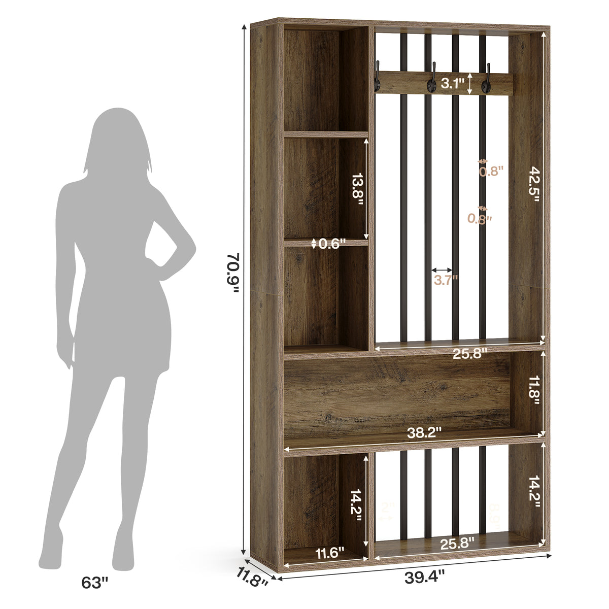71" Modern Wood Room Divider with Shelves, Coat Hooks & LED Light, Freestanding