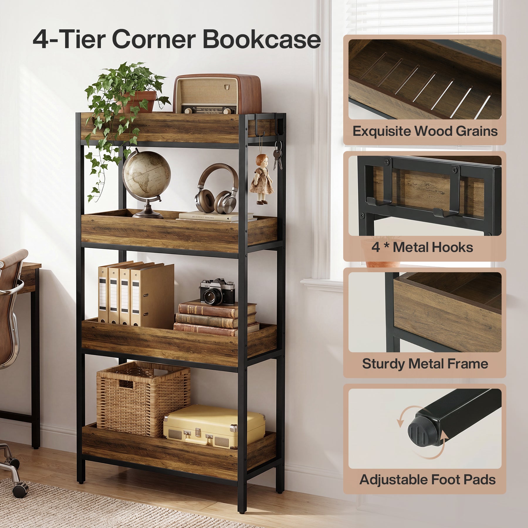 Tribesigns 55.1-Inch 4-Tier Bookshelf with Metal Frame, Free-Standing Bookcase for Living Room and Office