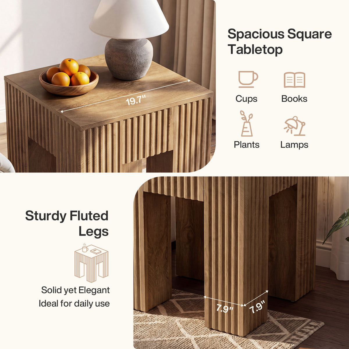 Square Fluted End Table, Farmhouse Side Table for Living Room, Bedside Nightstand