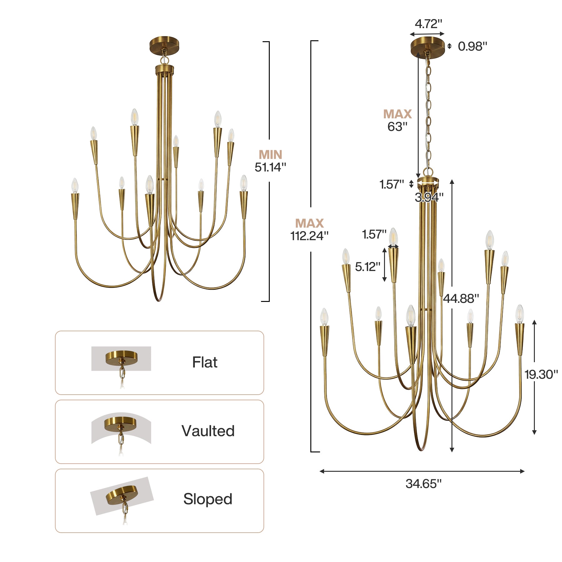 10-Light Modern Chandelier, U-Shaped Arms Pendant Light Fixture