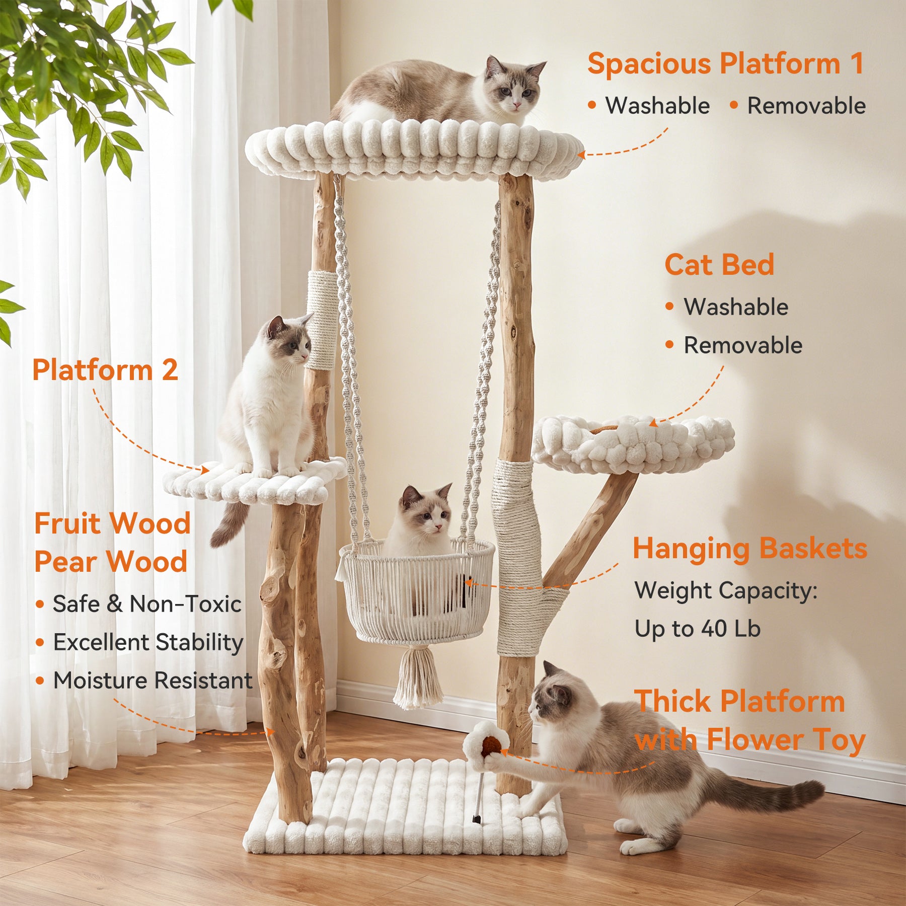 51" Solid Wood Cat Tree with Scratching Posts, Cat Tower with Swinging Basket, Washable Cushion, Dangling Toy