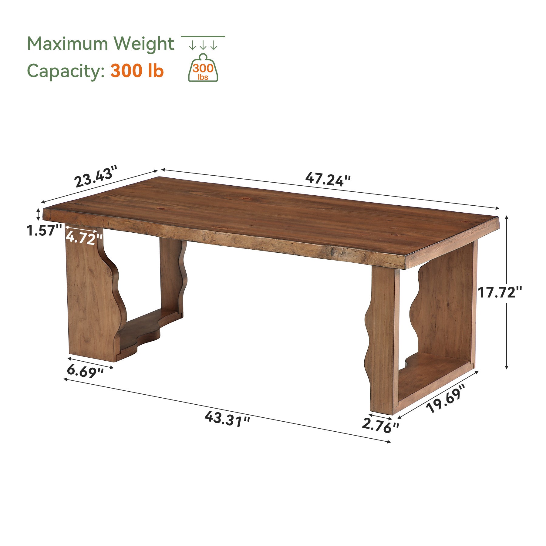 47" Solid Pine Coffee Table, Natural Edge & Cut-Out Legs, Farmhouse Rustic Wood Living Room