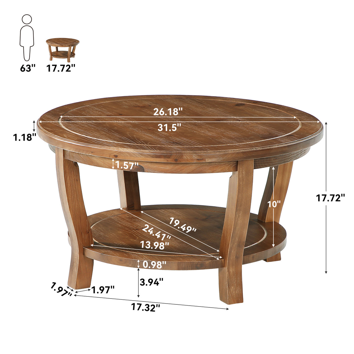31.5" Round Solid Wood Coffee Table, 2-Tier Farmhouse Center Table with Curved Legs