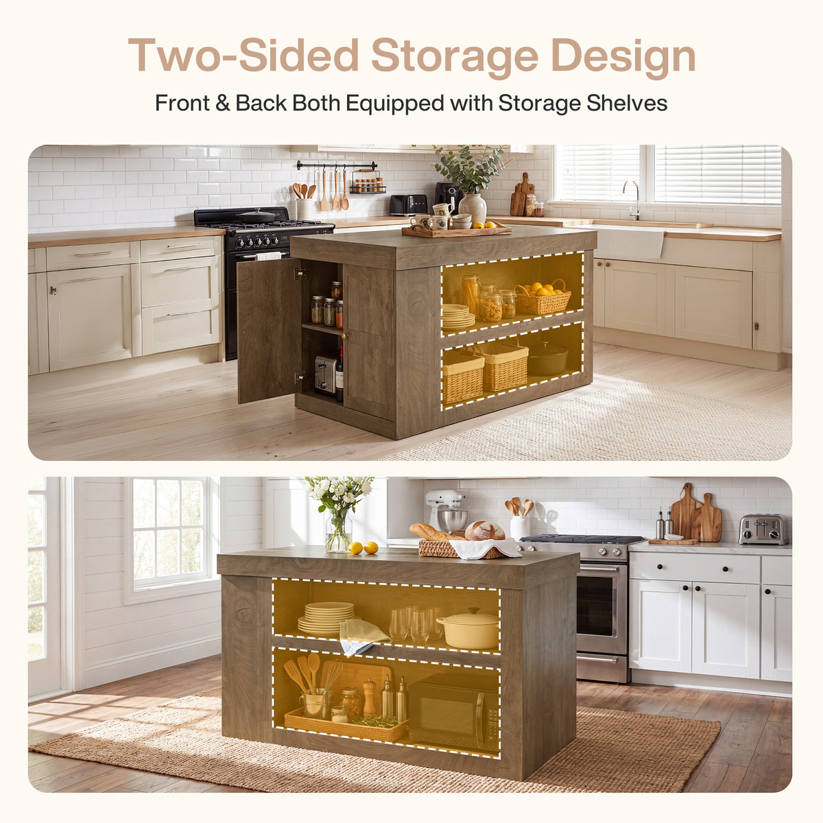 63" Kitchen Island, 3-Tier Stationary Island Table with Open Storage Sheves & Cabinet