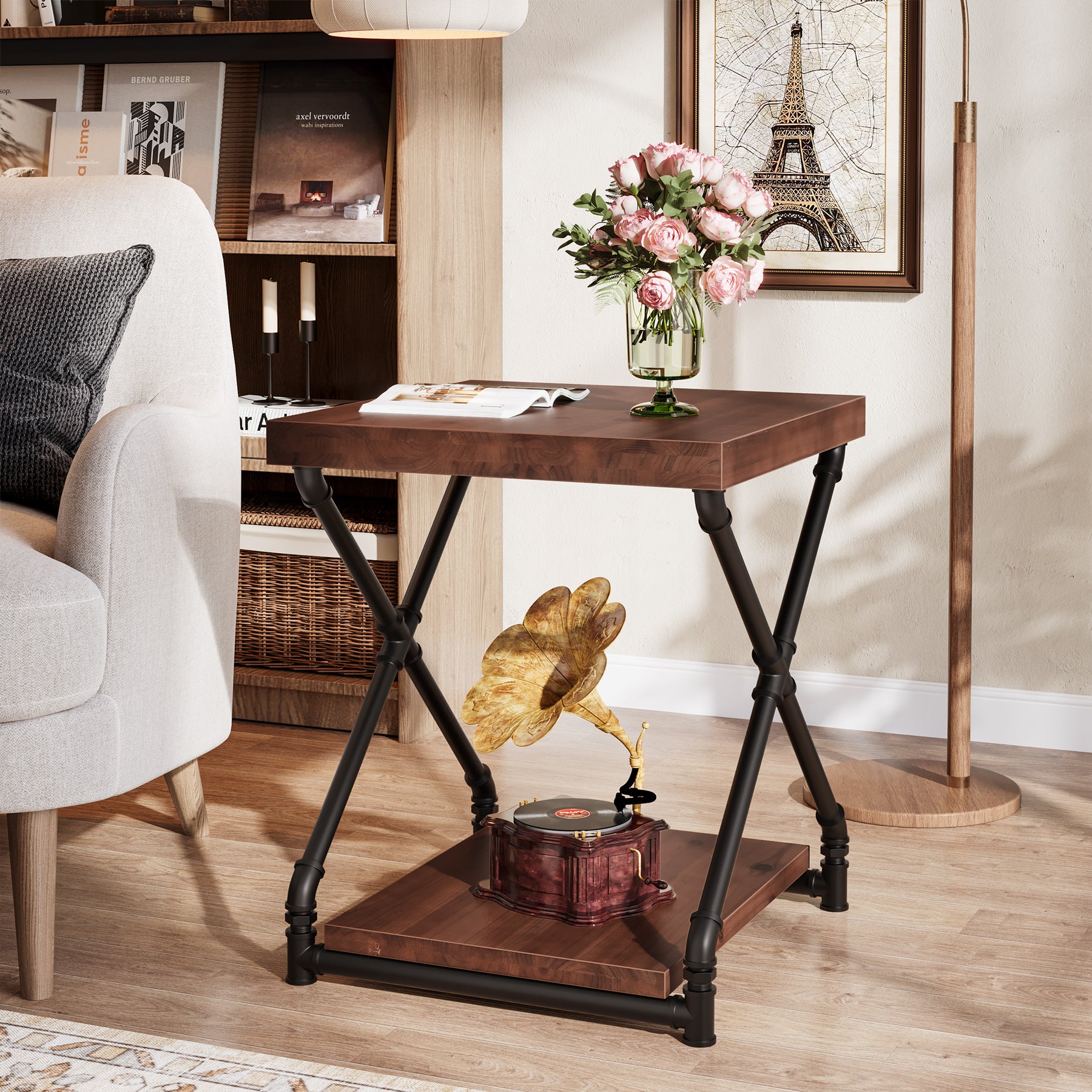 19.68" Solid Wood End Table, Sofa Side Table  with Storage Shelf for Living Room