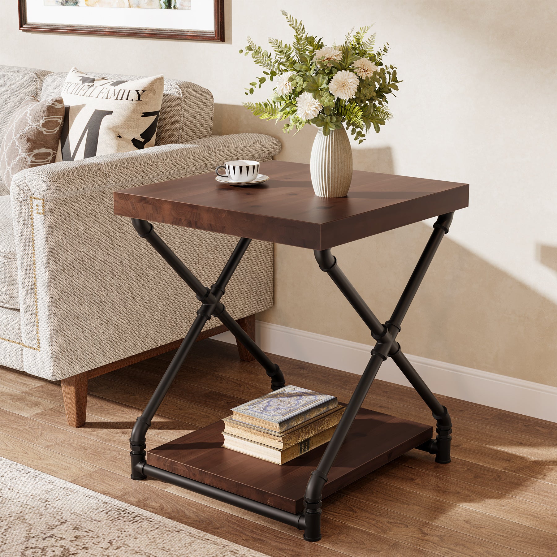 19.68" Solid Wood End Table, Sofa Side Table  with Storage Shelf for Living Room