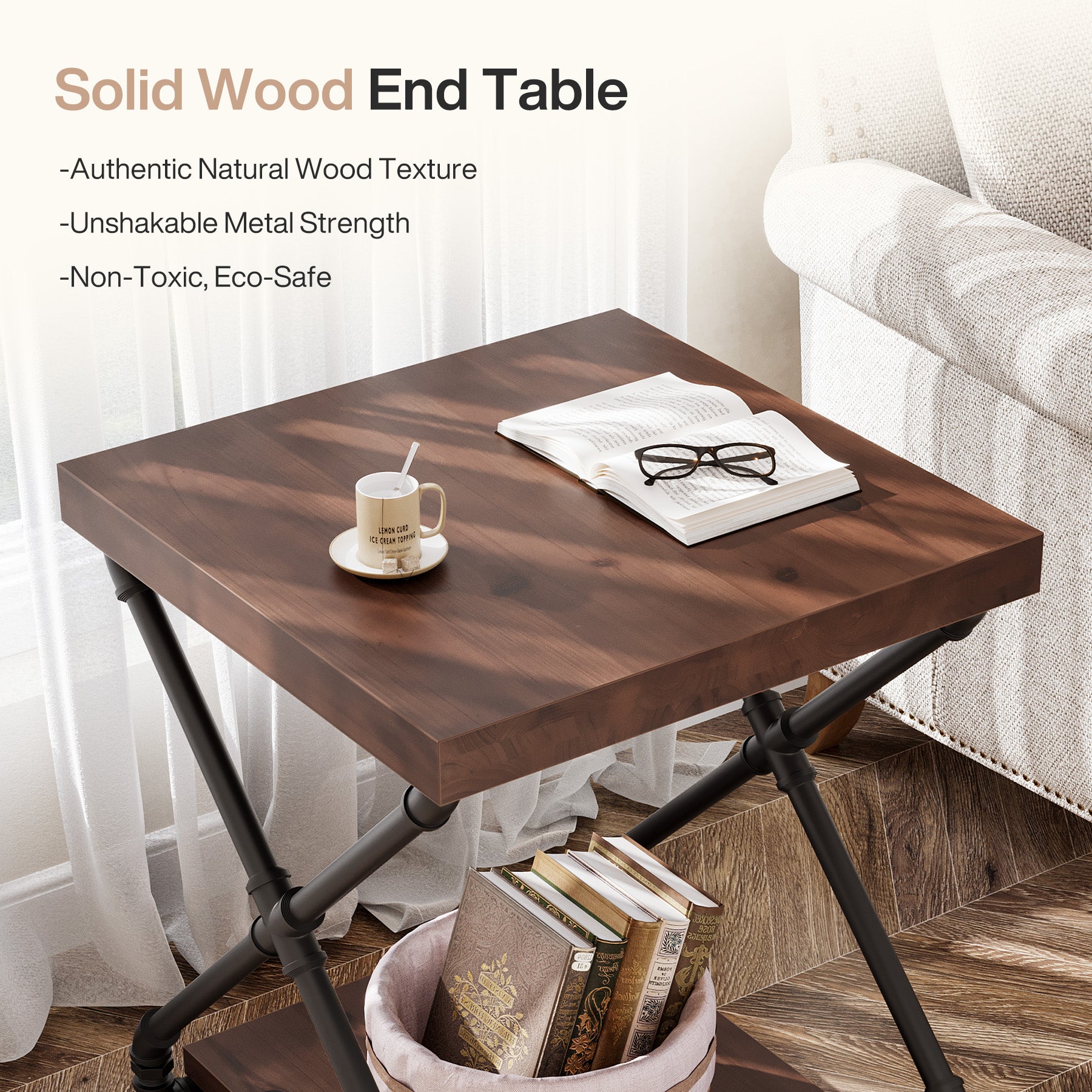 19.68" Solid Wood End Table, Sofa Side Table  with Storage Shelf for Living Room