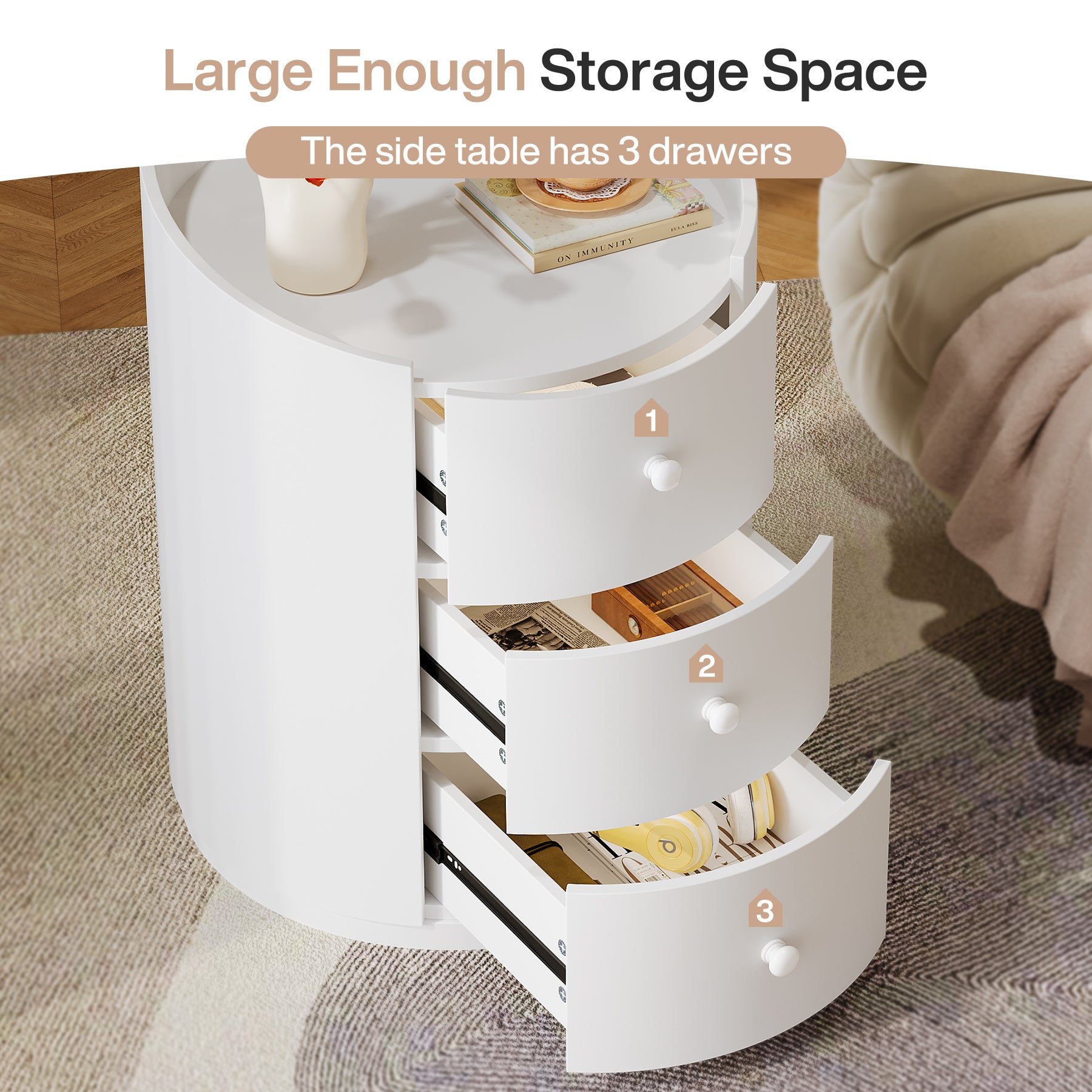 19.6" End Table, Modern Sofa Side Table Nightstand with 3 Drawers