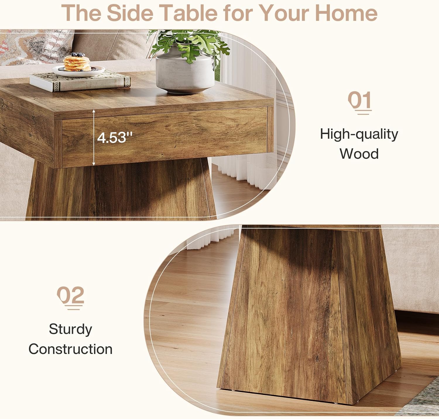 19.6" End Table, Square Side Table Small Nightstand with Wide Base Tribesigns