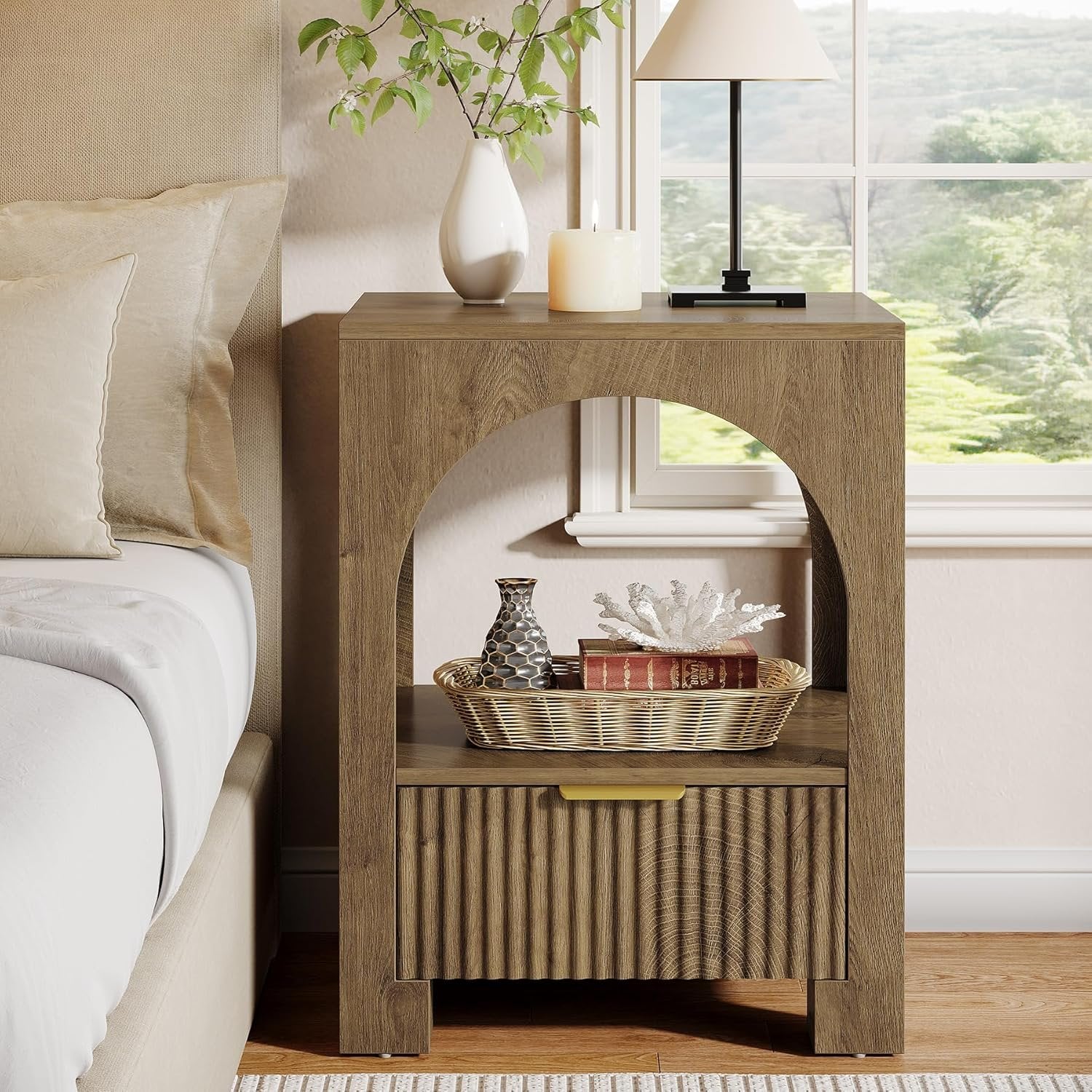 19.6" Nightstand with Drawer, 2-Tier Wood Farmhouse Bedside Table with Open Shelf