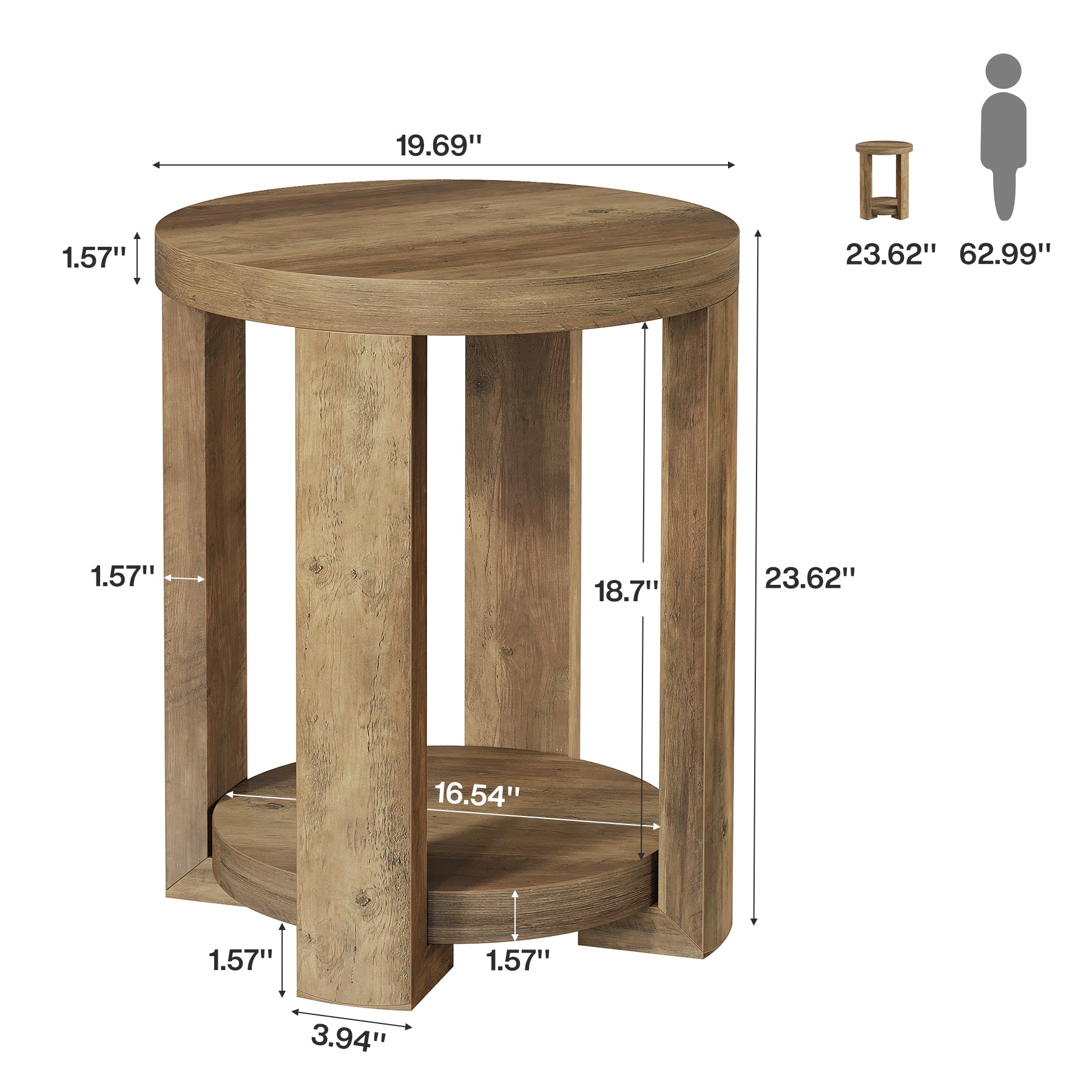 19.6" Side Table, 2-Tier Round End Table Bedside Table