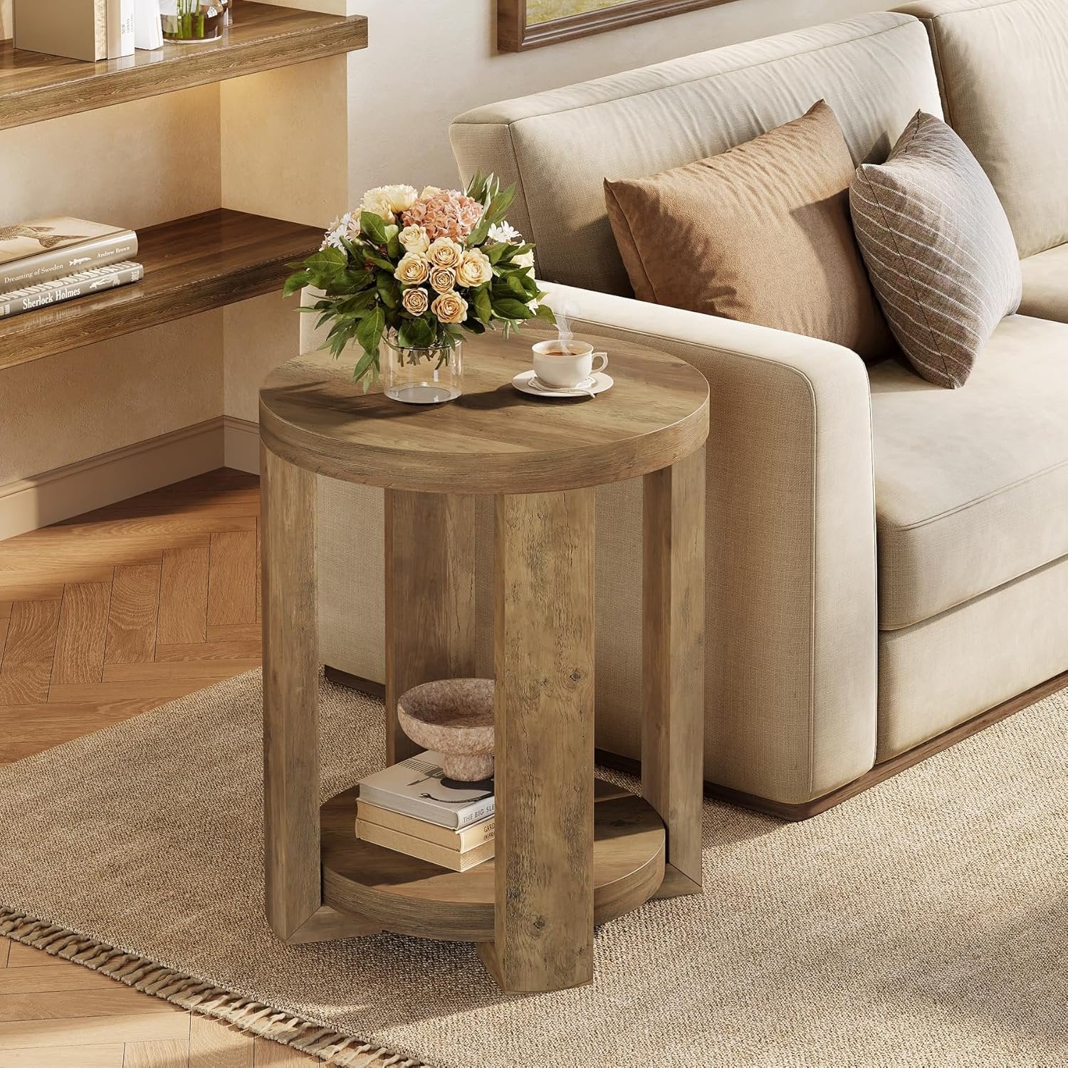 19.6" Side Table, 2-Tier Round End Table Bedside Table