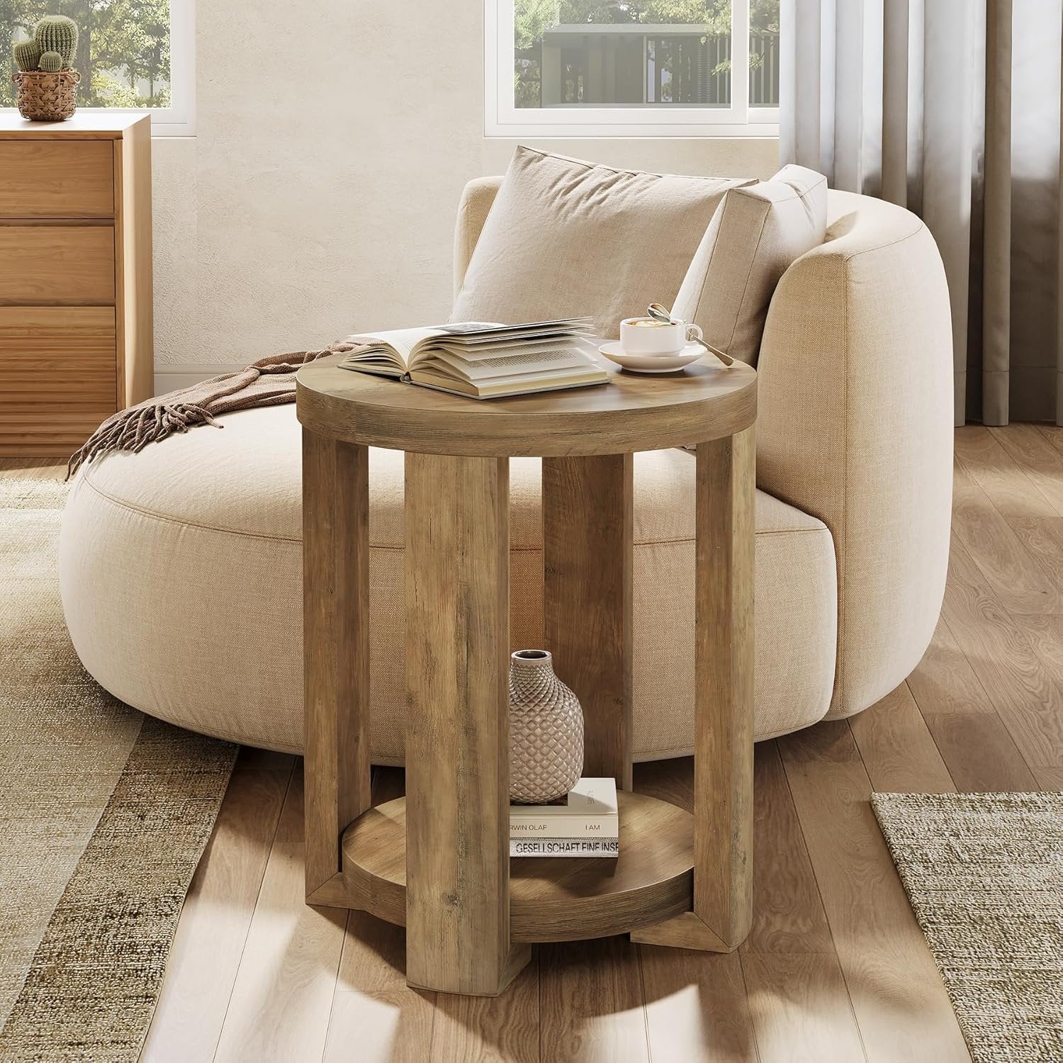 19.6" Side Table, 2-Tier Round End Table Bedside Table