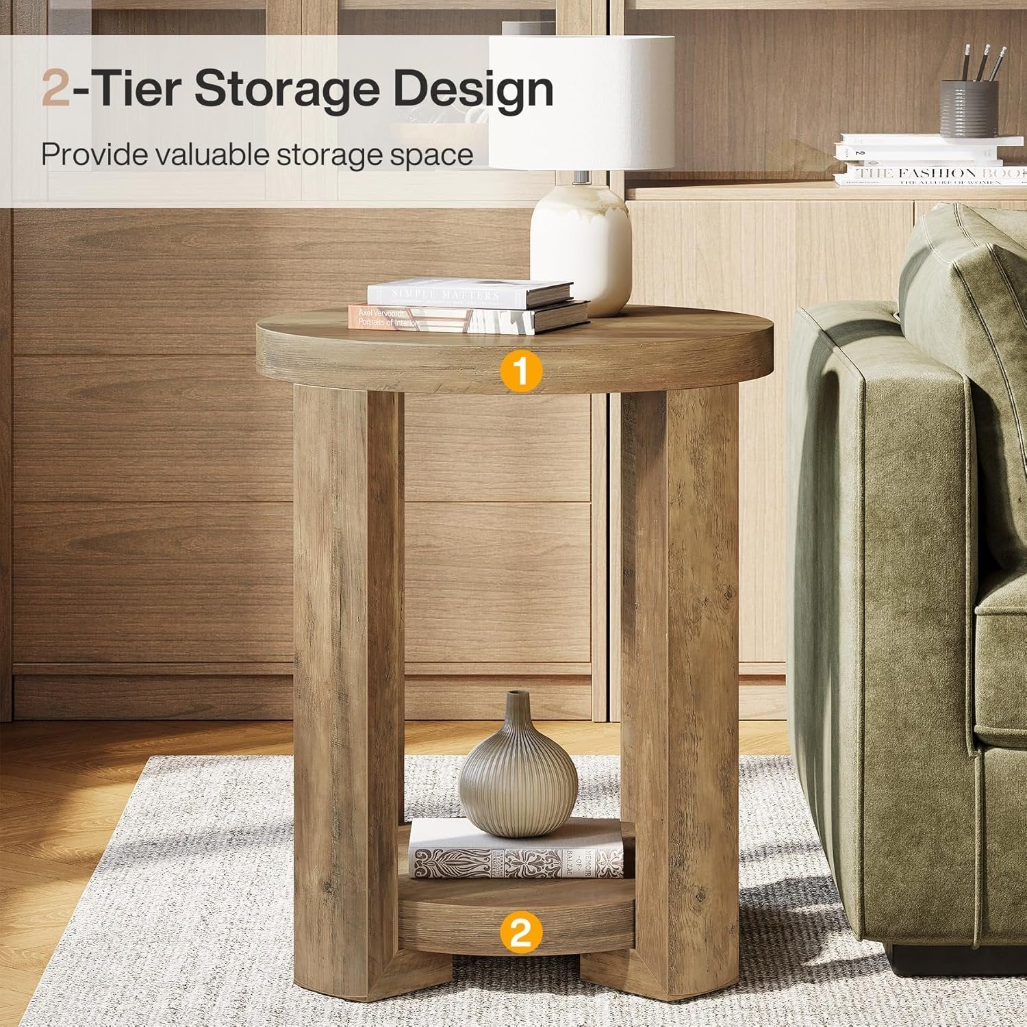 19.6" Side Table, 2-Tier Round End Table Bedside Table