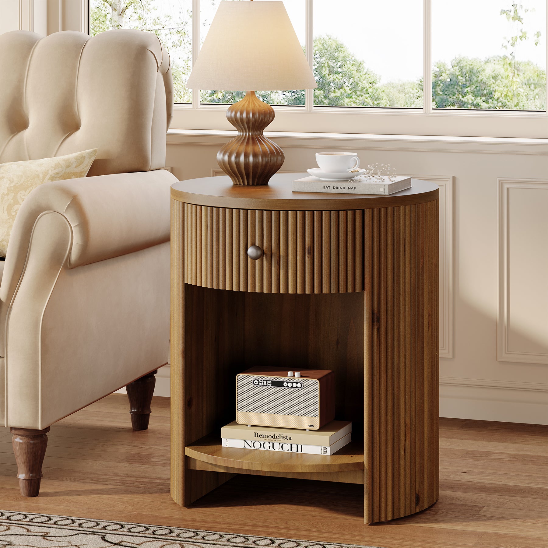 19.6" Side Table, Modern Fluted End Table Nightstand with Drawer