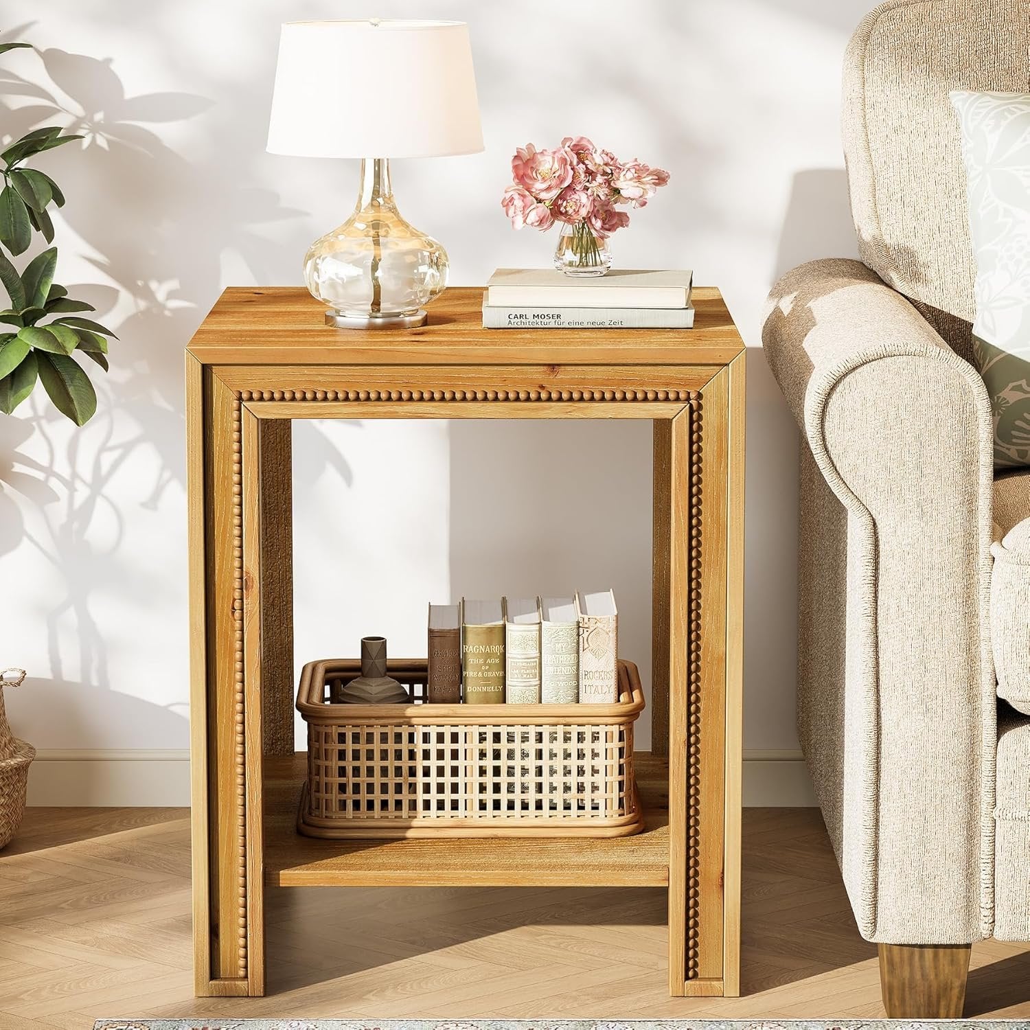 19.6" Solid Wood End Table, 2-Tier Farmhouse Side Table Nightstand with Storage Shelves