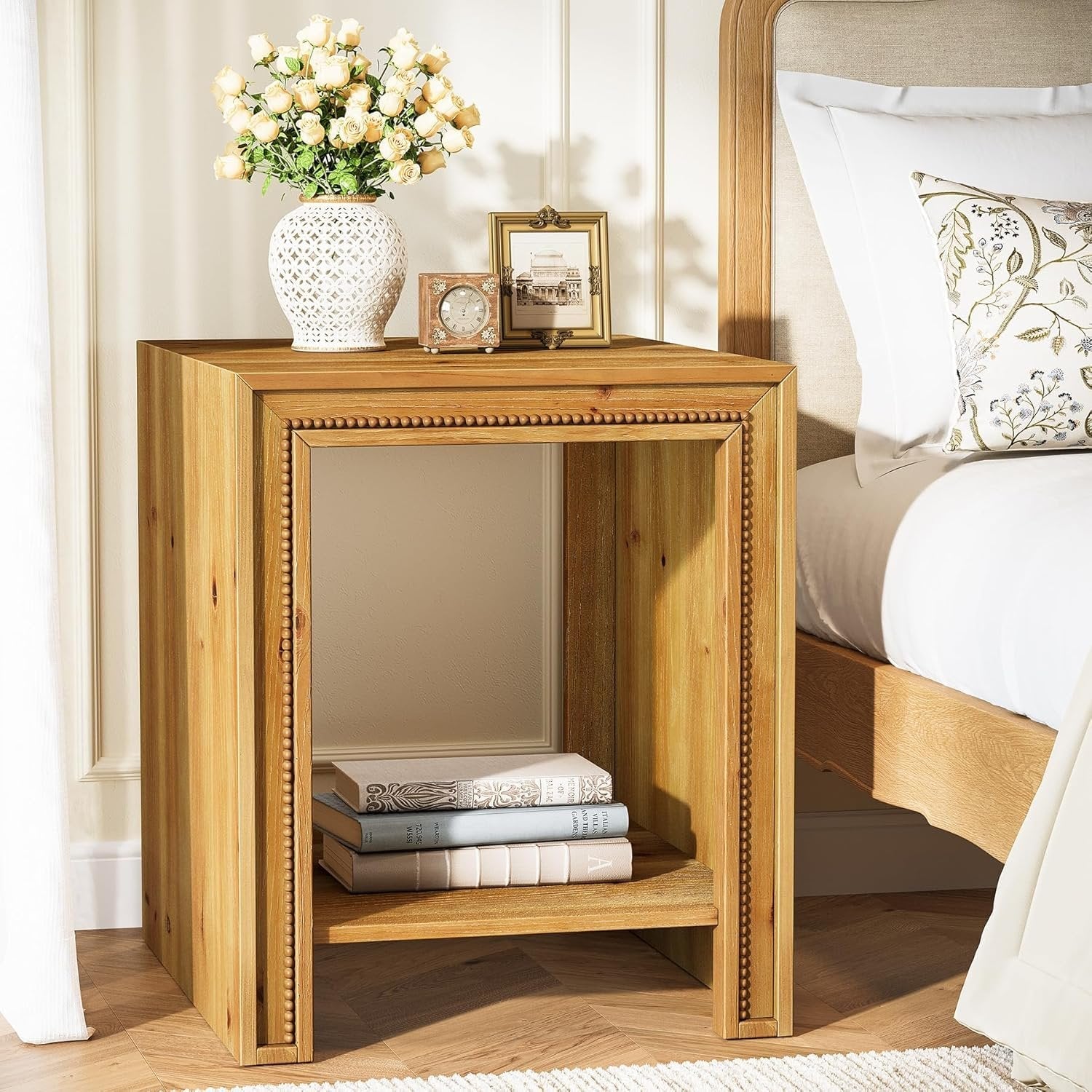 19.6" Solid Wood End Table, 2-Tier Farmhouse Side Table Nightstand with Storage Shelves