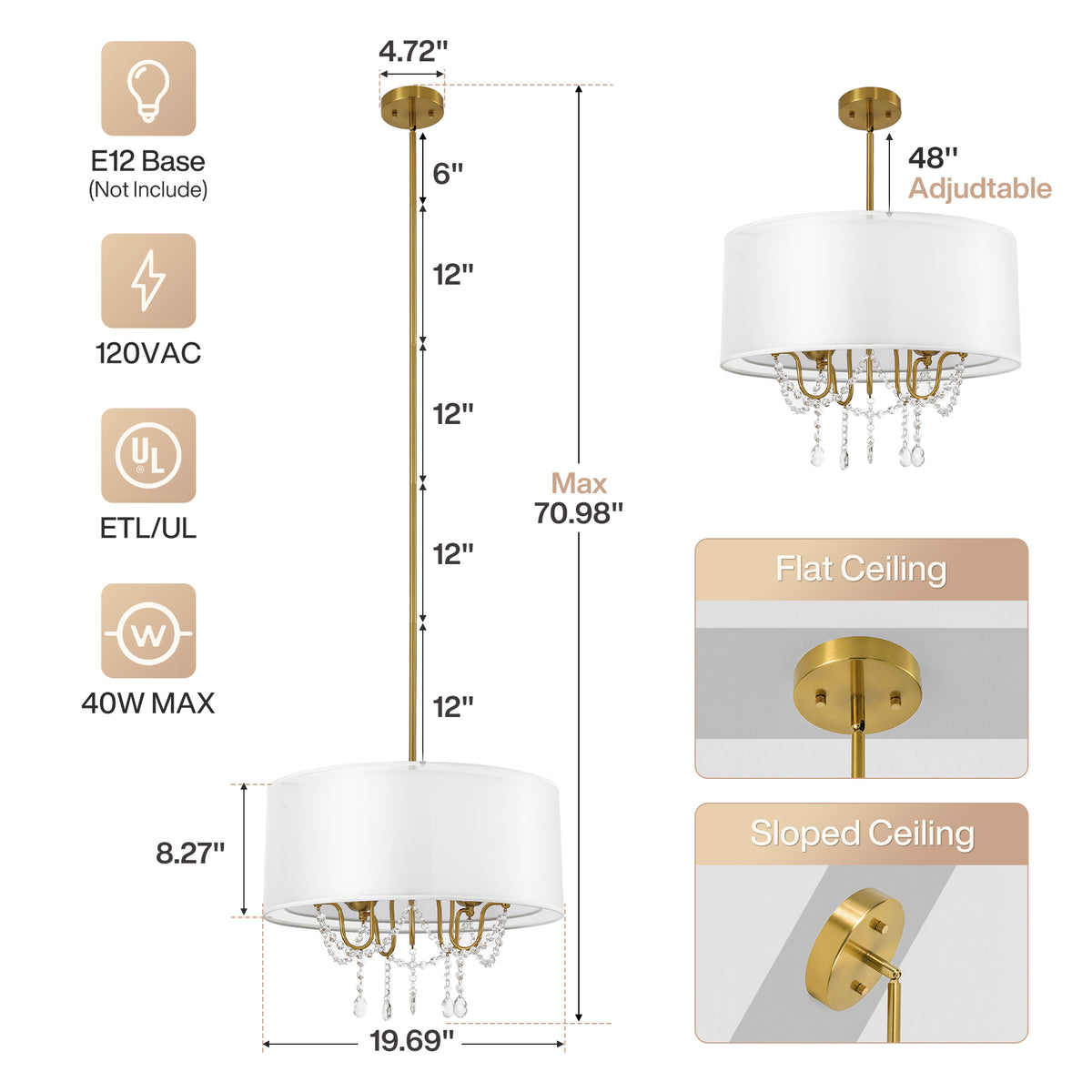 19.7" Gold Crystal Drum Chandelier, Modern 5-Light Pendant Light