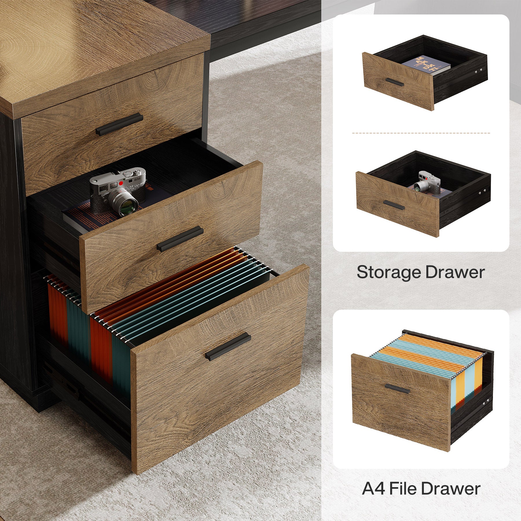86.6" L-Shaped Executive Desk, Large Computer Desk with Drawers & 55" File Cabinet