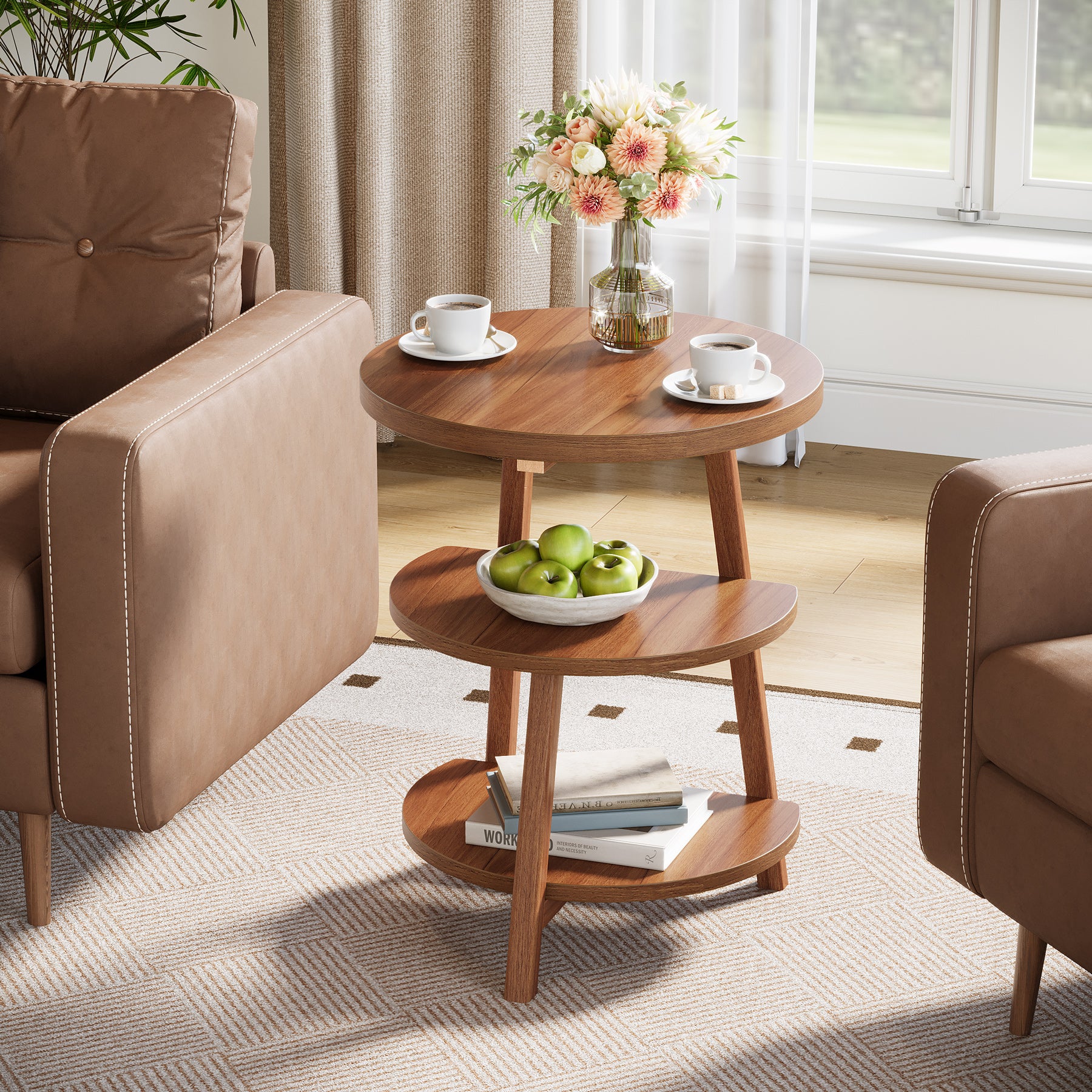 19" End Table, Round Side Accent Table with 3-Tier Shelves