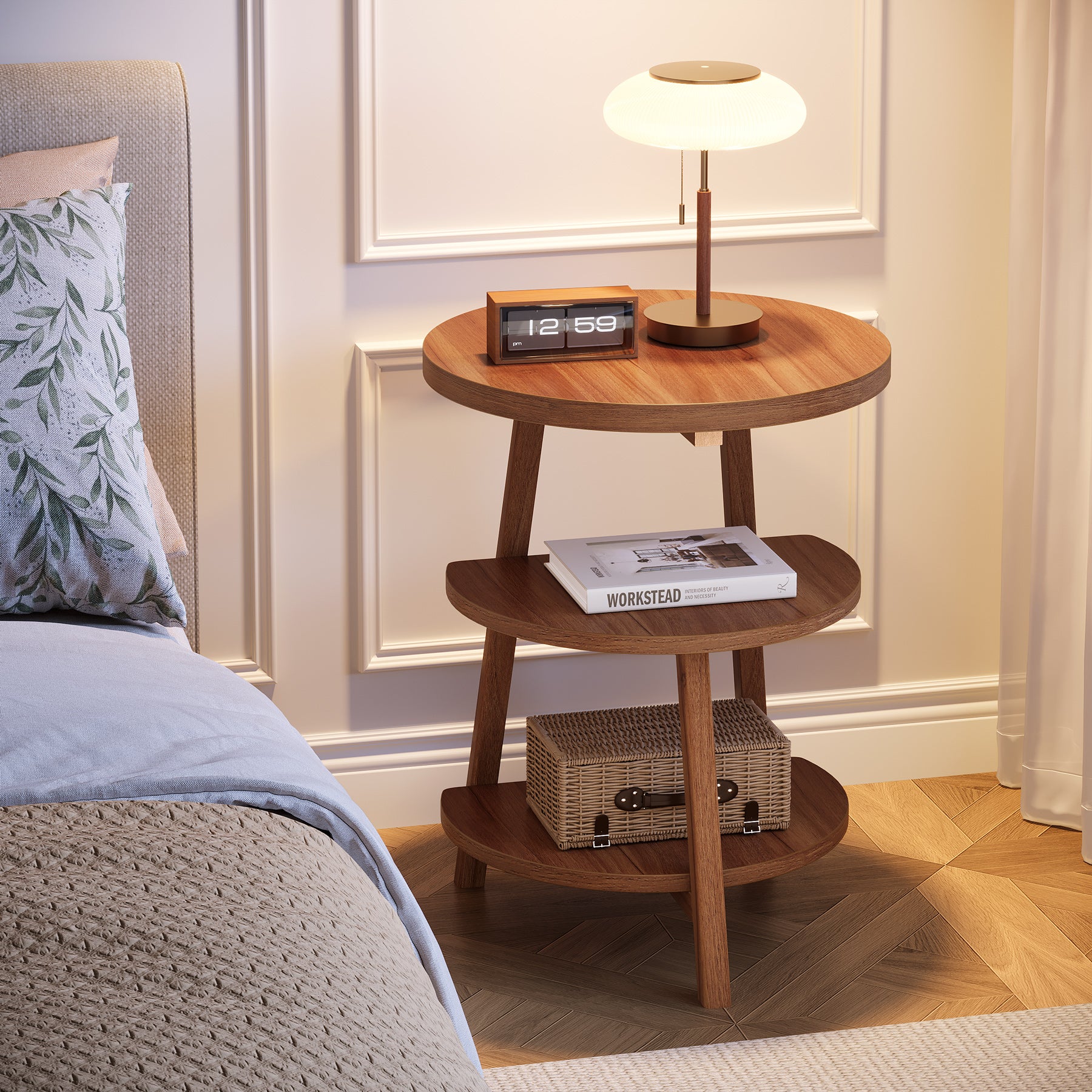 19" End Table, Round Side Accent Table with 3-Tier Shelves