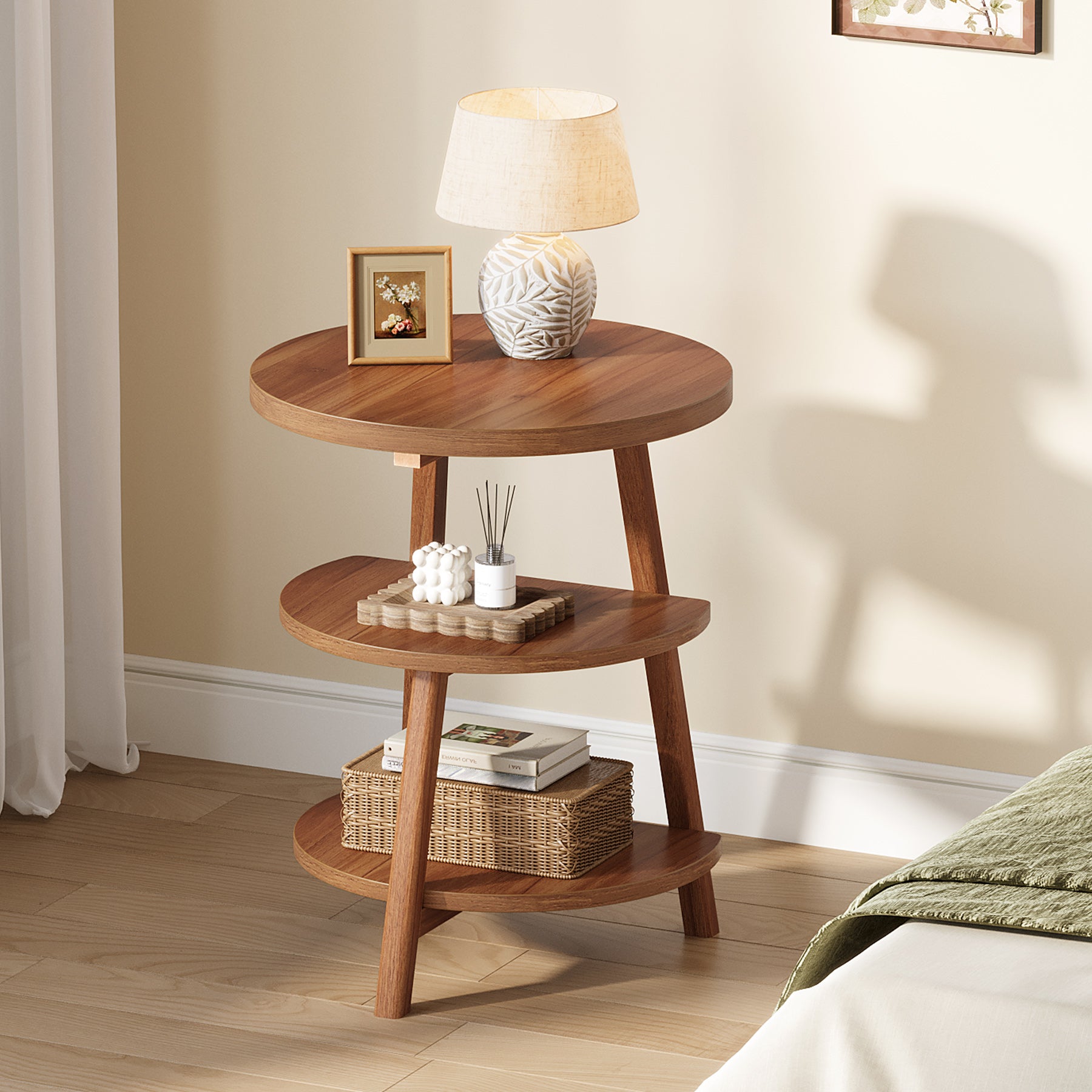 19" End Table, Round Side Accent Table with 3-Tier Shelves