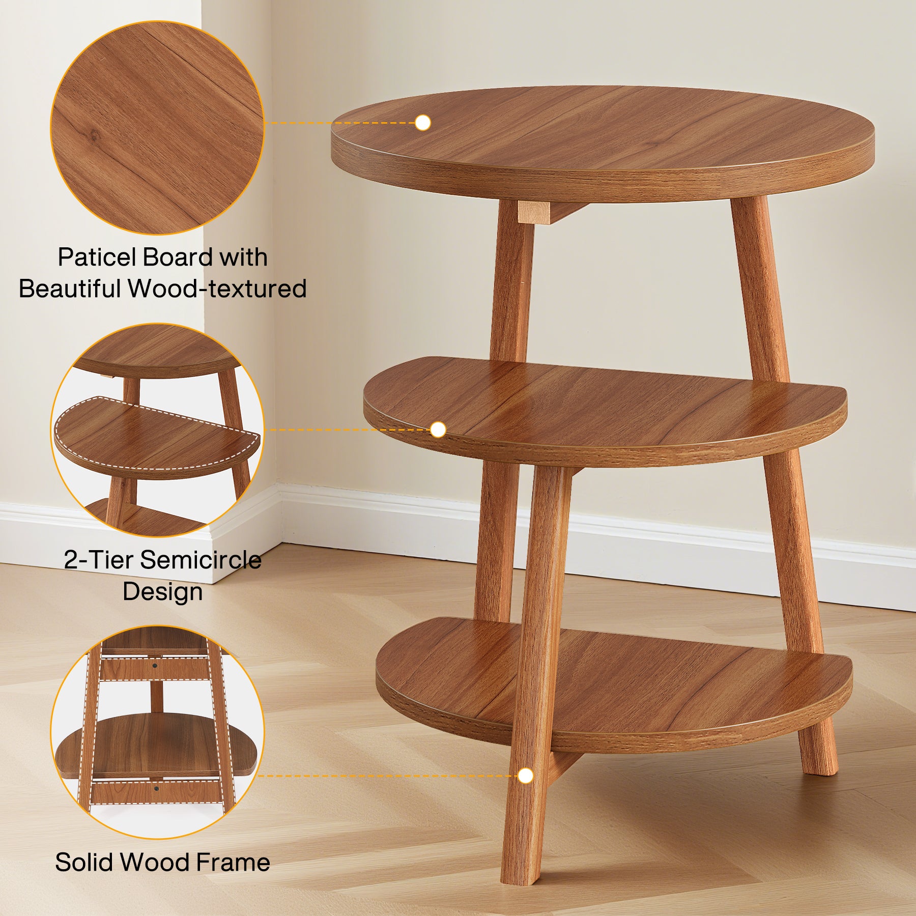 19" End Table, Round Side Accent Table with 3-Tier Shelves