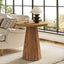 Solid wood round end table with fluted base beside a cream sofa#Color_Rustic Brown