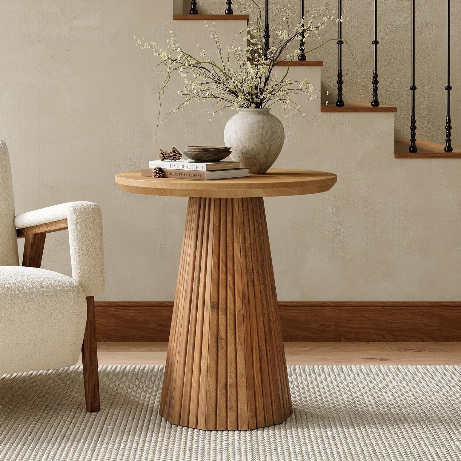 19" End Table, Solid Wood Round Pedestal Side Table with Fluted Base