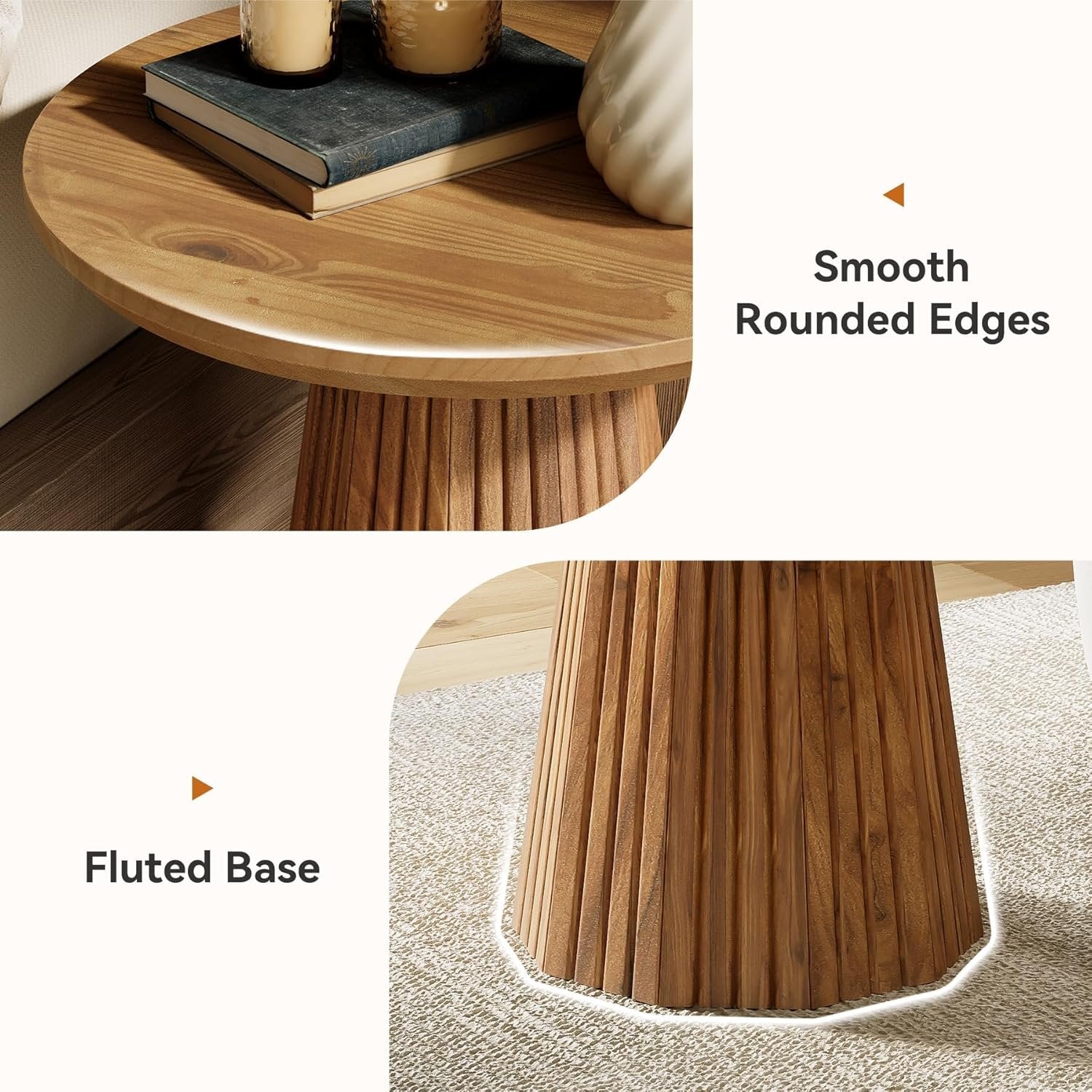 19" End Table, Solid Wood Round Pedestal Side Table with Fluted Base