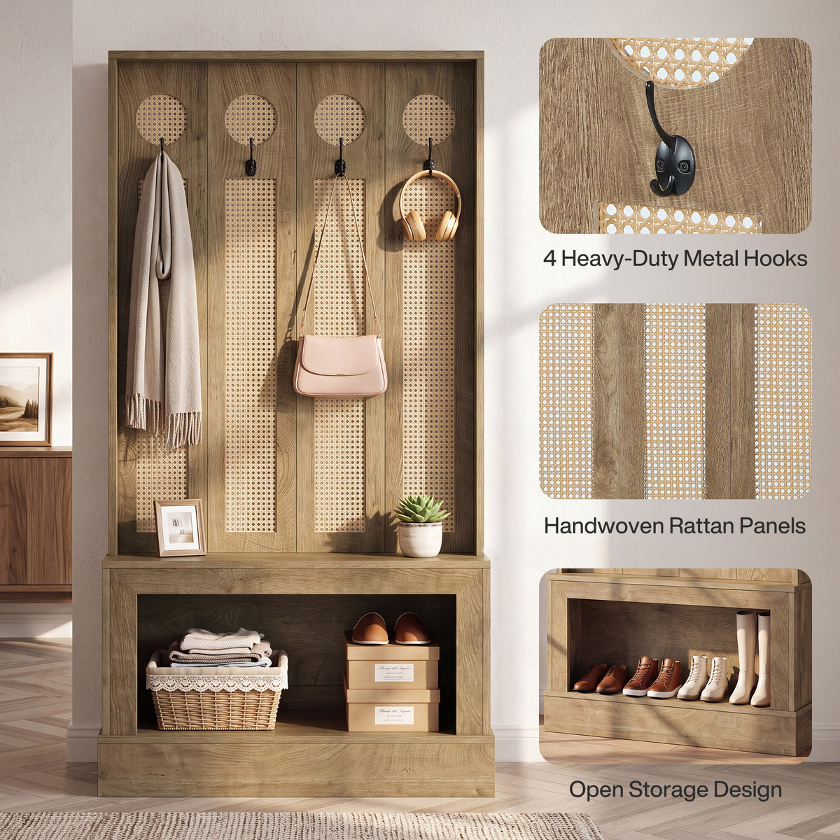 69.7" Hall Tree with Shoe Storage, Rattan Coat Rack with LED Light, 4 Hooks for Hallway