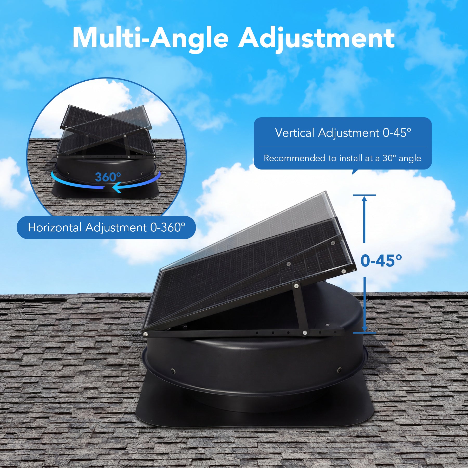 50W Solar Attic Fan with 2500 CFM & Smart Thermostat / Humidity / Smoke Sensor