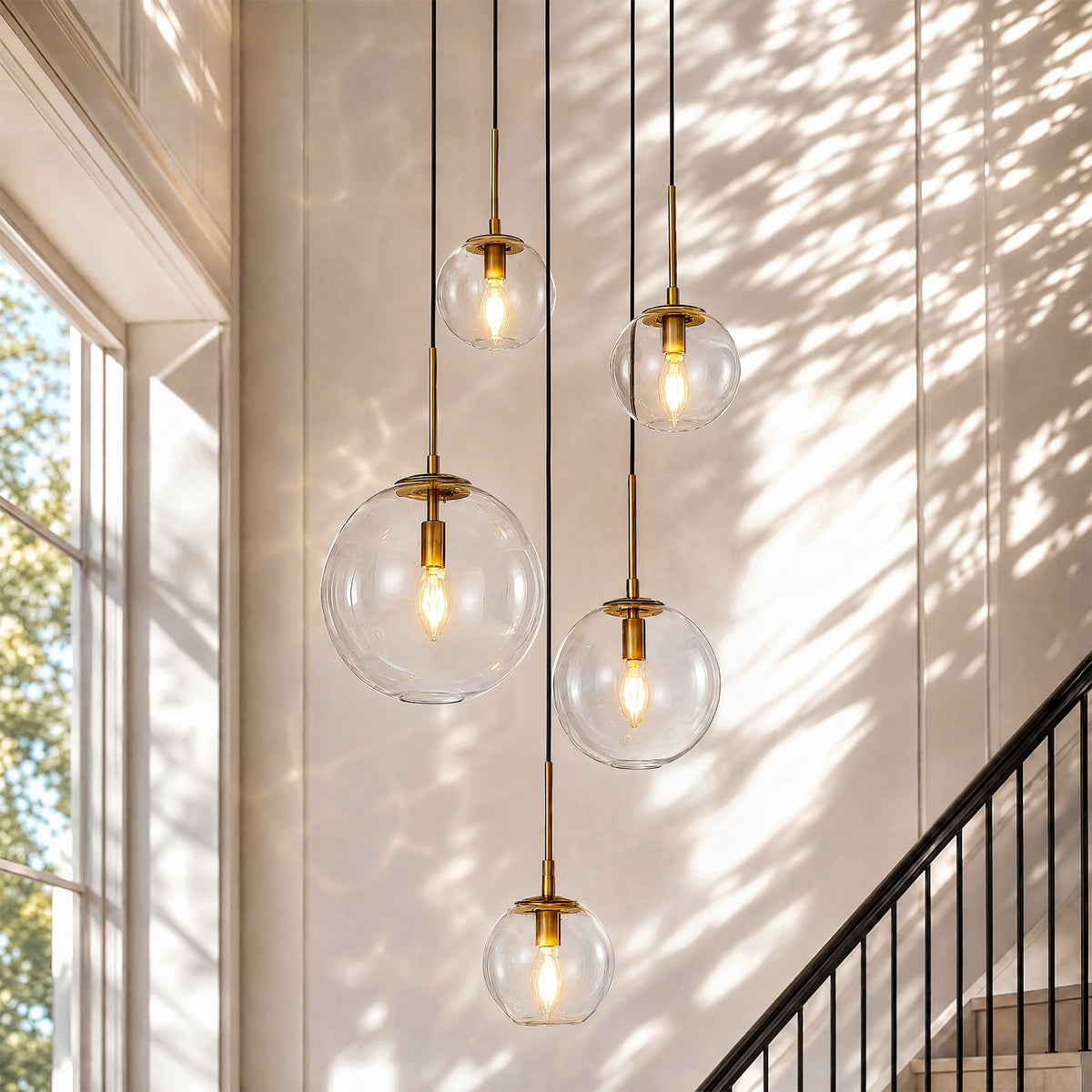 5-Light Modern Globe Pendant Light, Gold Chandelier with Adjustable Cords