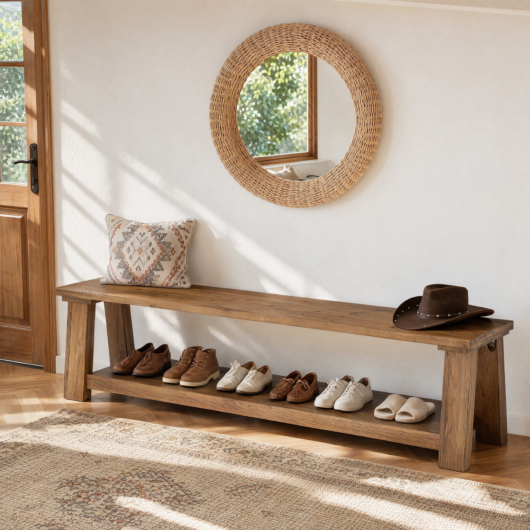 70.87" Solid Wood Entryway Bench, 2-Tier Shoe Bench with Storage Shelf for Hallway