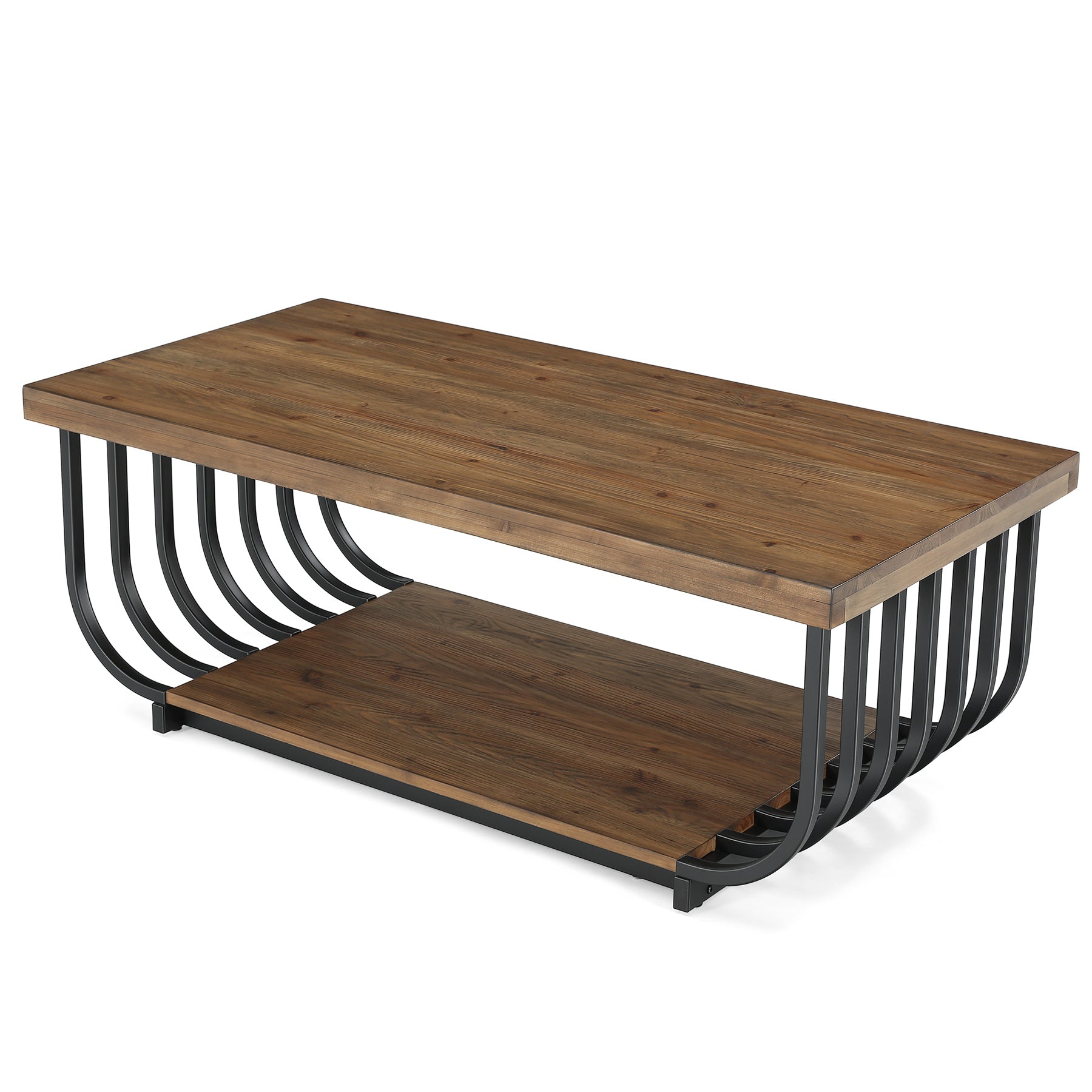 47" Solid Wood Coffee Table, Rectangle Center Table with 2-Tier Storage & Metal Frame