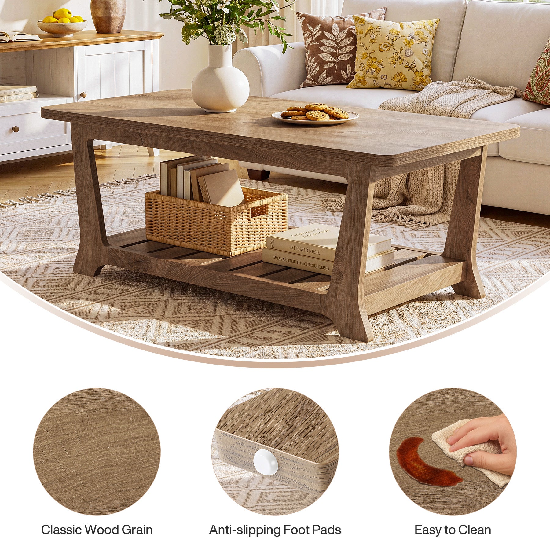 Rectangle Coffee Table, 47.24" Farmhouse Center Table with Shelves for Living Room