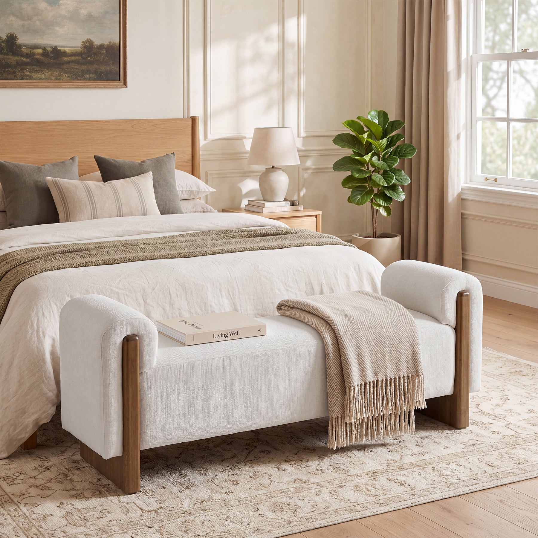 55" End of Bed Bench with Arms, Modern Upholstered Bedroom Bench, Solid Wood Base