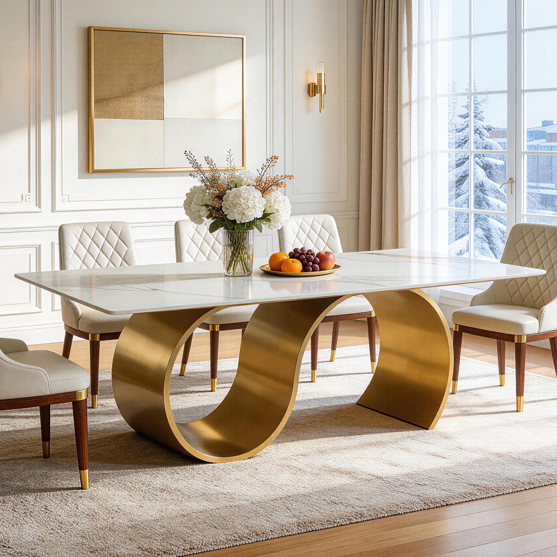 79" Sintered Stone Dining Table for 6-8, Luxury Kitchen Table with Stainless Steel Base