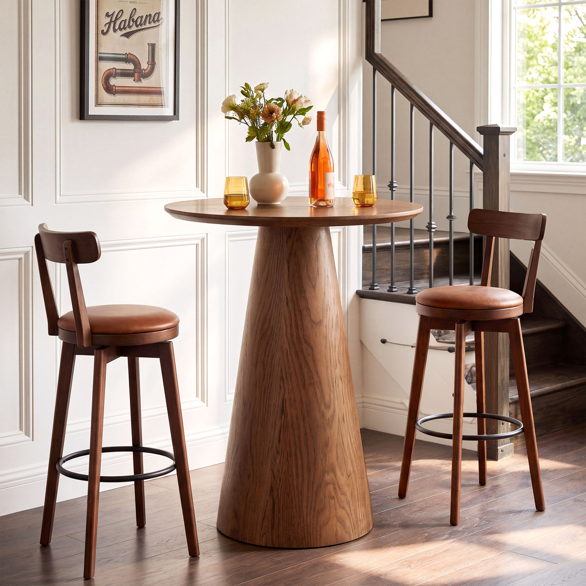 39" H Solid Wood Bar Table, Round Pedestal Height Pub Table for Dining, Easy Assembly