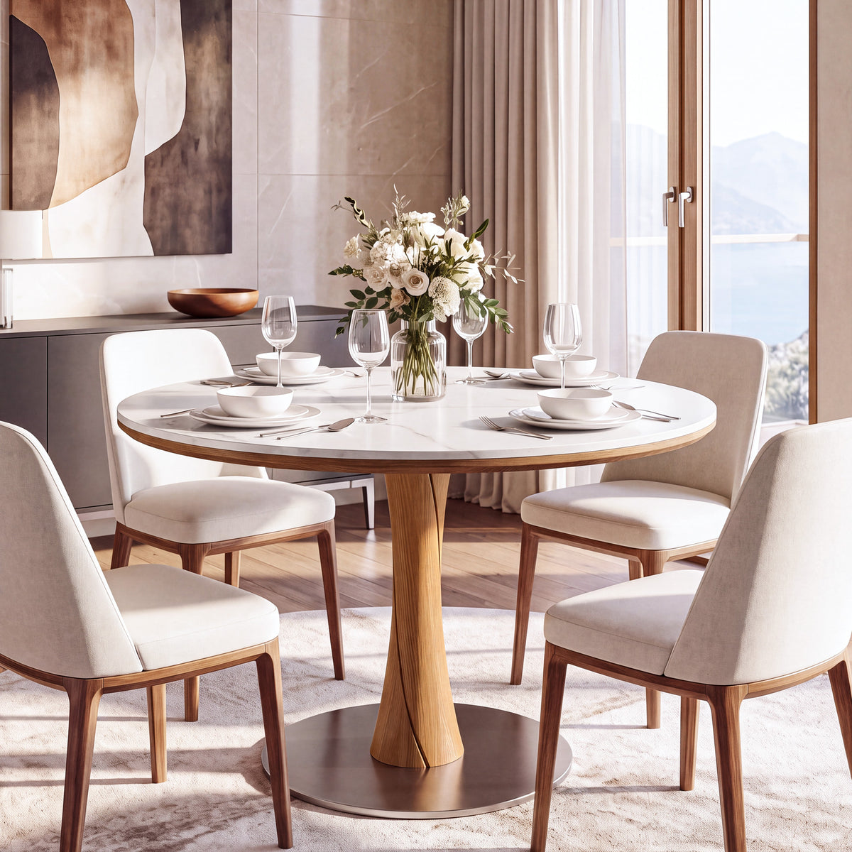 35" Round Dining Table for 2-4, Sintered Stone Top, Rubberwood Pillar & Steel Base