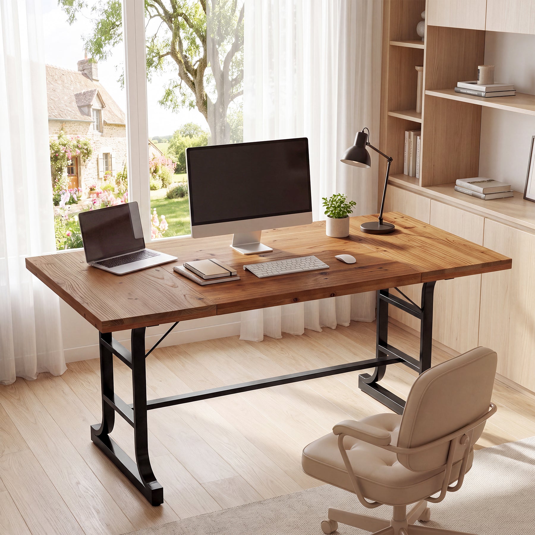 63" Solid Wood Executive Desk with Metal Legs, Farmhouse Home Office Computer Desk