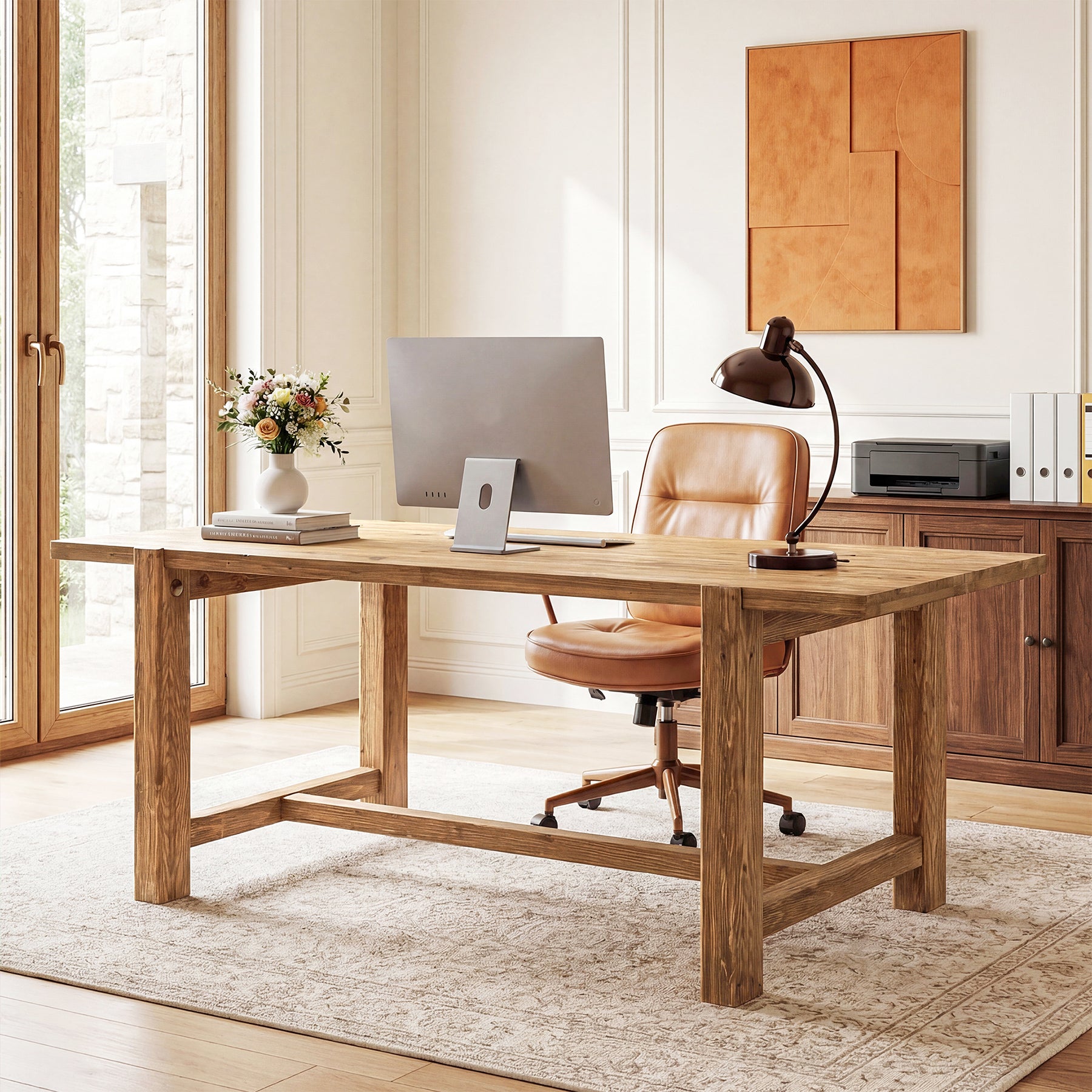 63 Inch Solid Wood Computer Desk, Farmhouse Executive Office Desk for Home Office Workspace