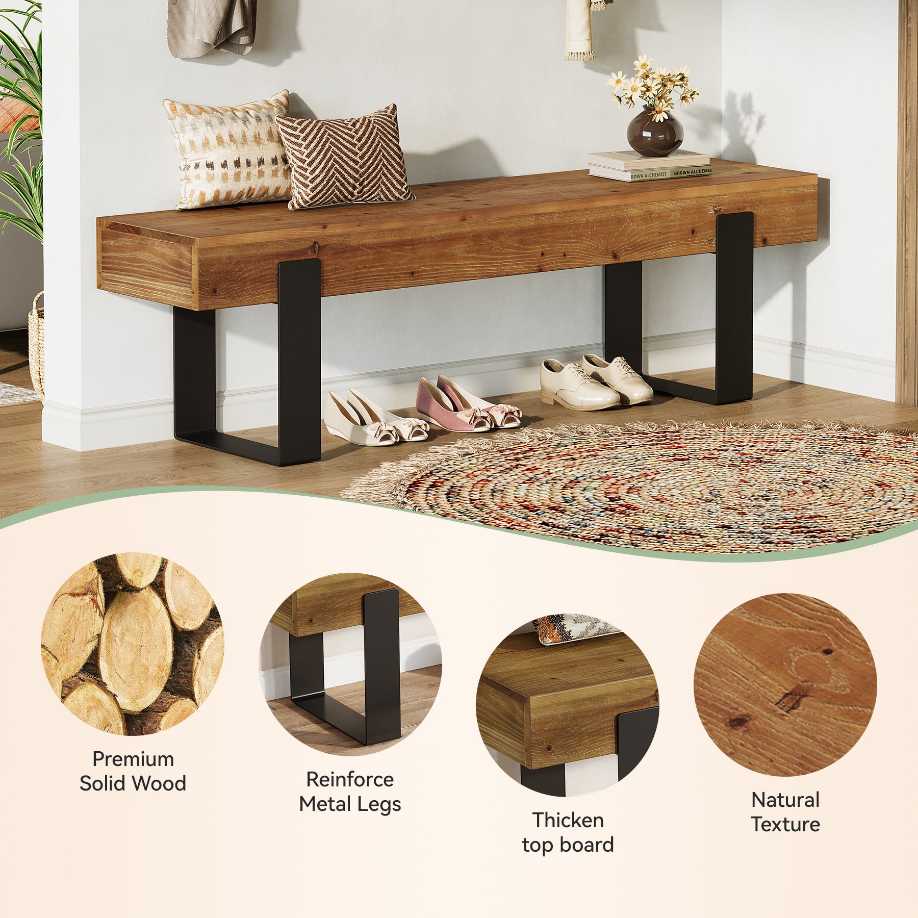 63" Industrial Entryway Bench, Farmhouse Wood Shoe Bench End of Bed Stool with Metal Legs