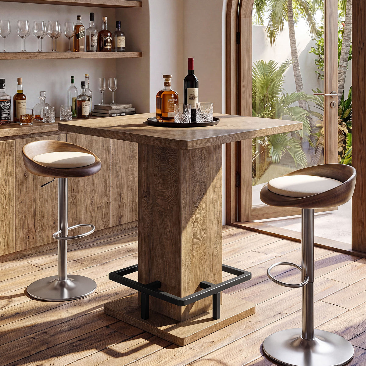 31.5" Square Bar Table, Pedestal Base & Built-in Footrest, Pub Table Home Bar Kitchen