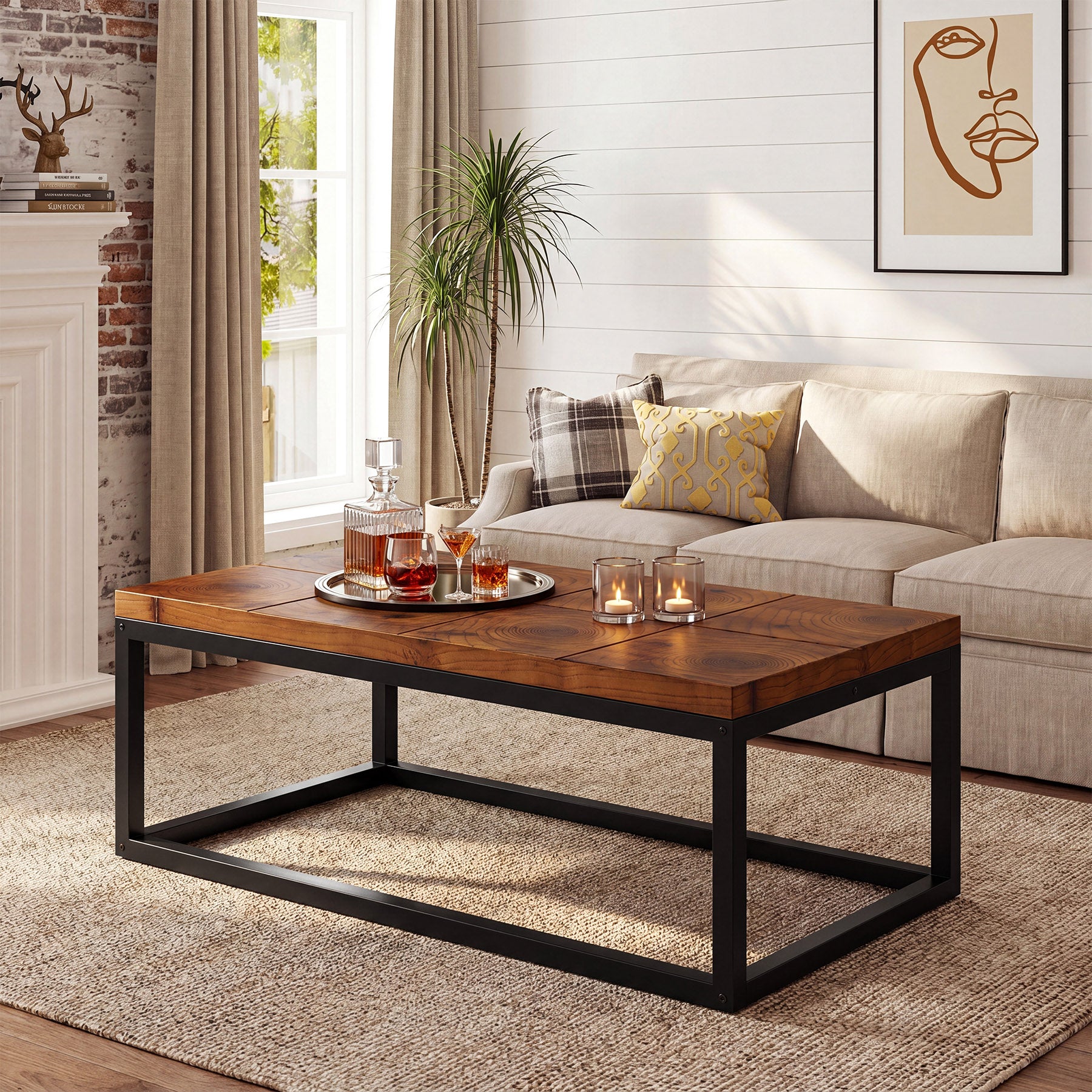 47" Rectangle Coffee Table, Solid Wood Industrial Center Table with Metal Frame